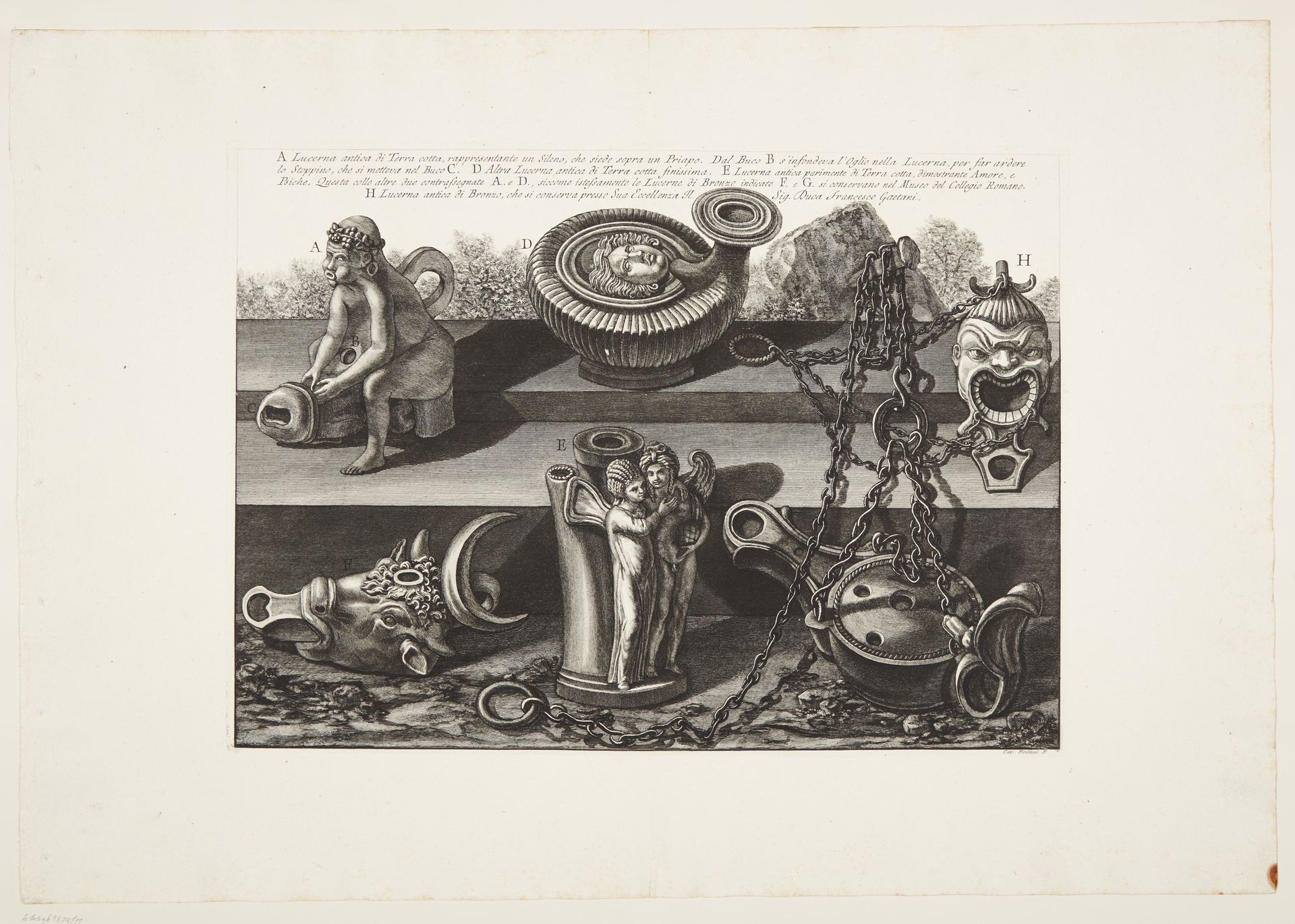 Various lamps of bronze and terracotta, one of them representing a small Silenus seated on a Priapus by Giovanni Battista Piranesi