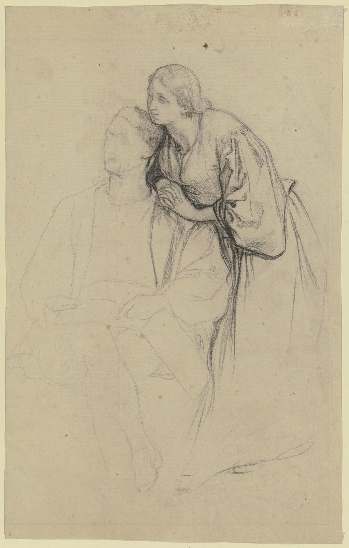 Sitzender Hartmut, an dessen Schulter sich eine Frau lehnt, aus dem _Ritter Hartmut von Kronberg bei dem Reformator Oecolampadius in Basel_ by Victor Müller