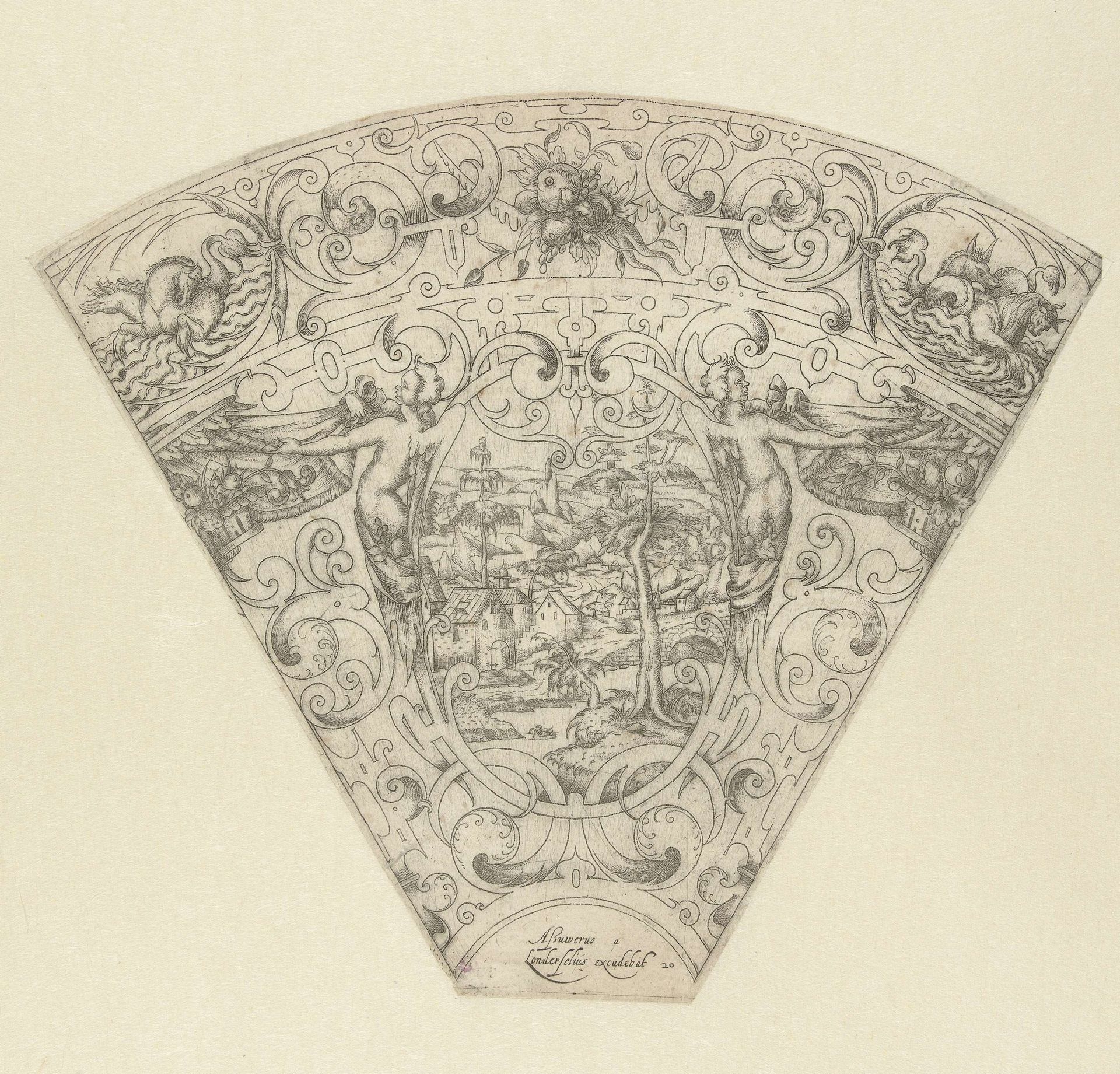 Waaiervormig segment met een landschap in een ovaal by Anonymous