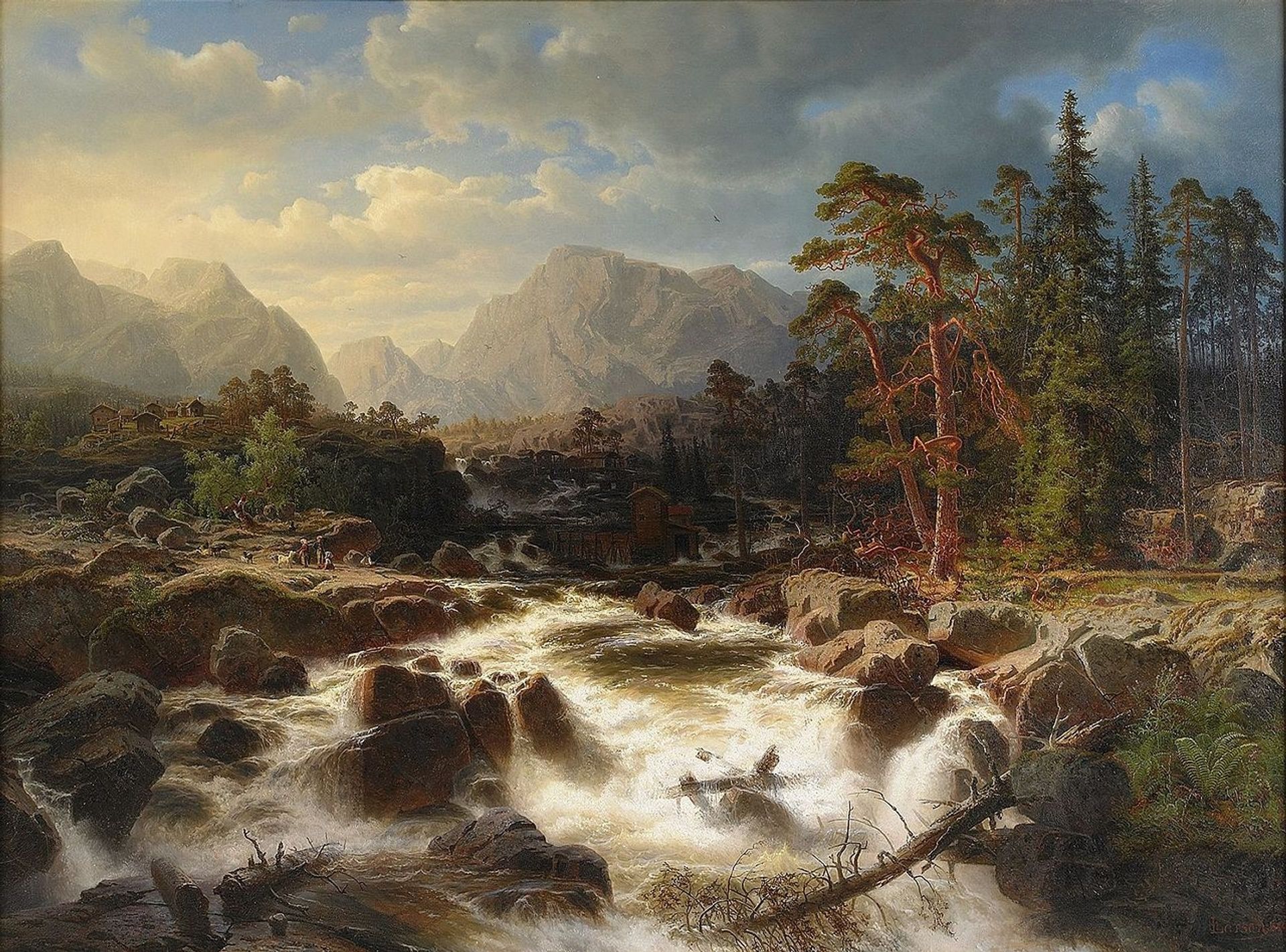 Dramatiskt forslandskap med figurer och kvarnbyggnader by Marcus Larson