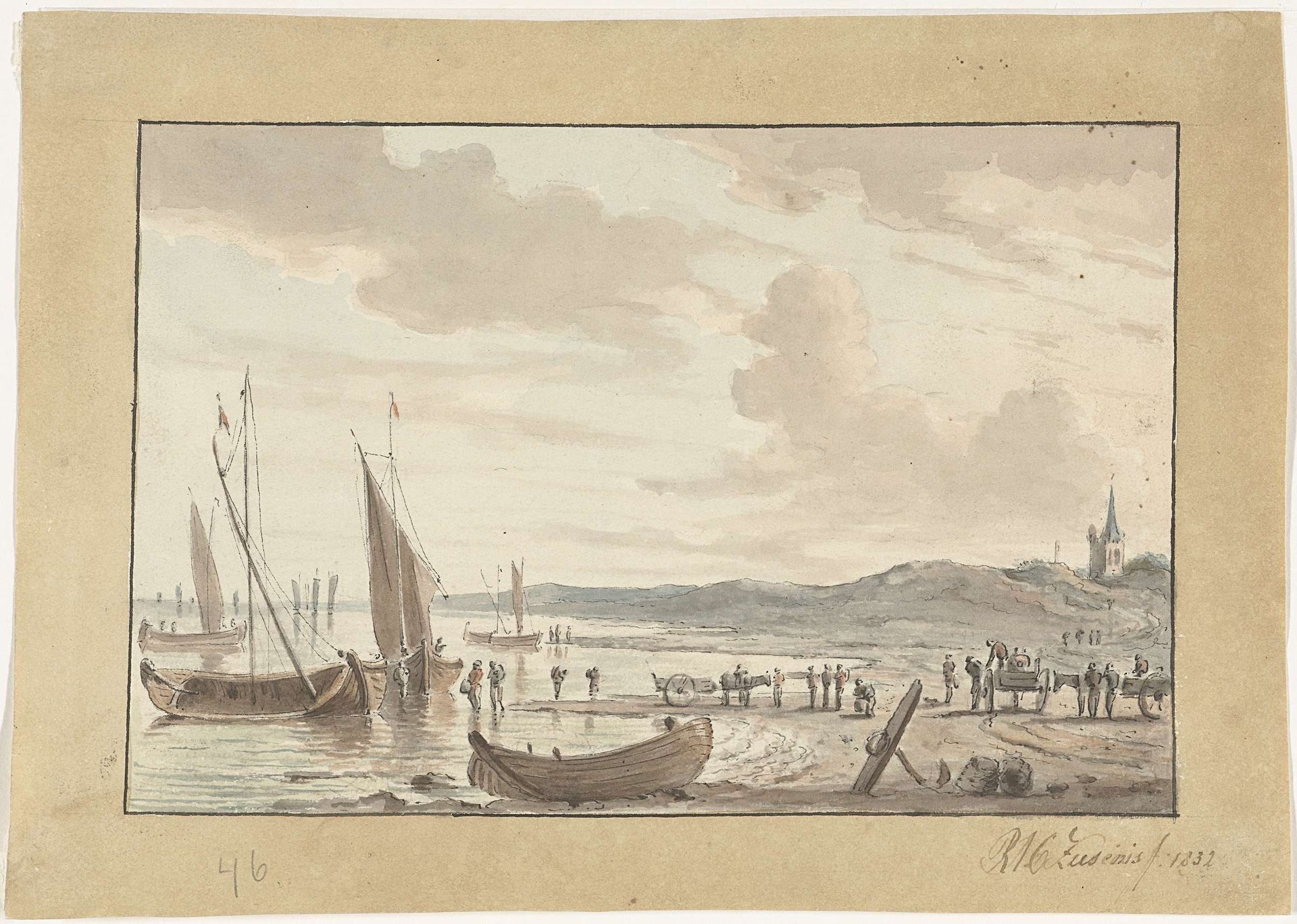 Kustgezicht met zeilschepen en kerktoren by R.A.C. Ziesenis