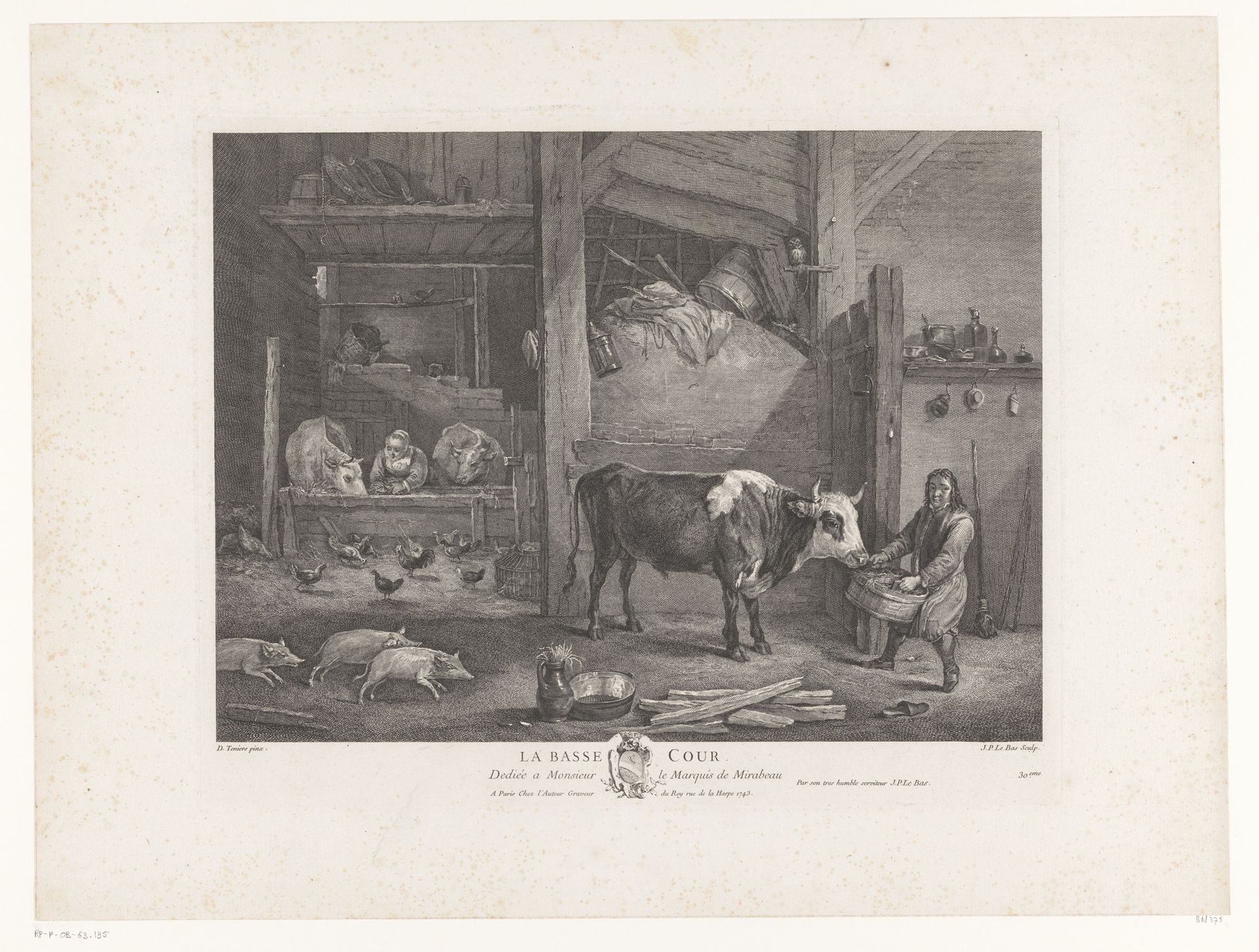 Twee boeren voeren het vee in een stal by Jacques Philippe Le Bas