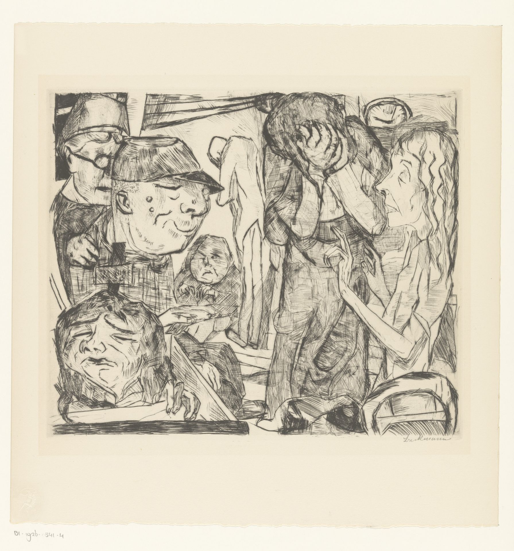 Interieur met groep groteske figuren by Max Beckmann