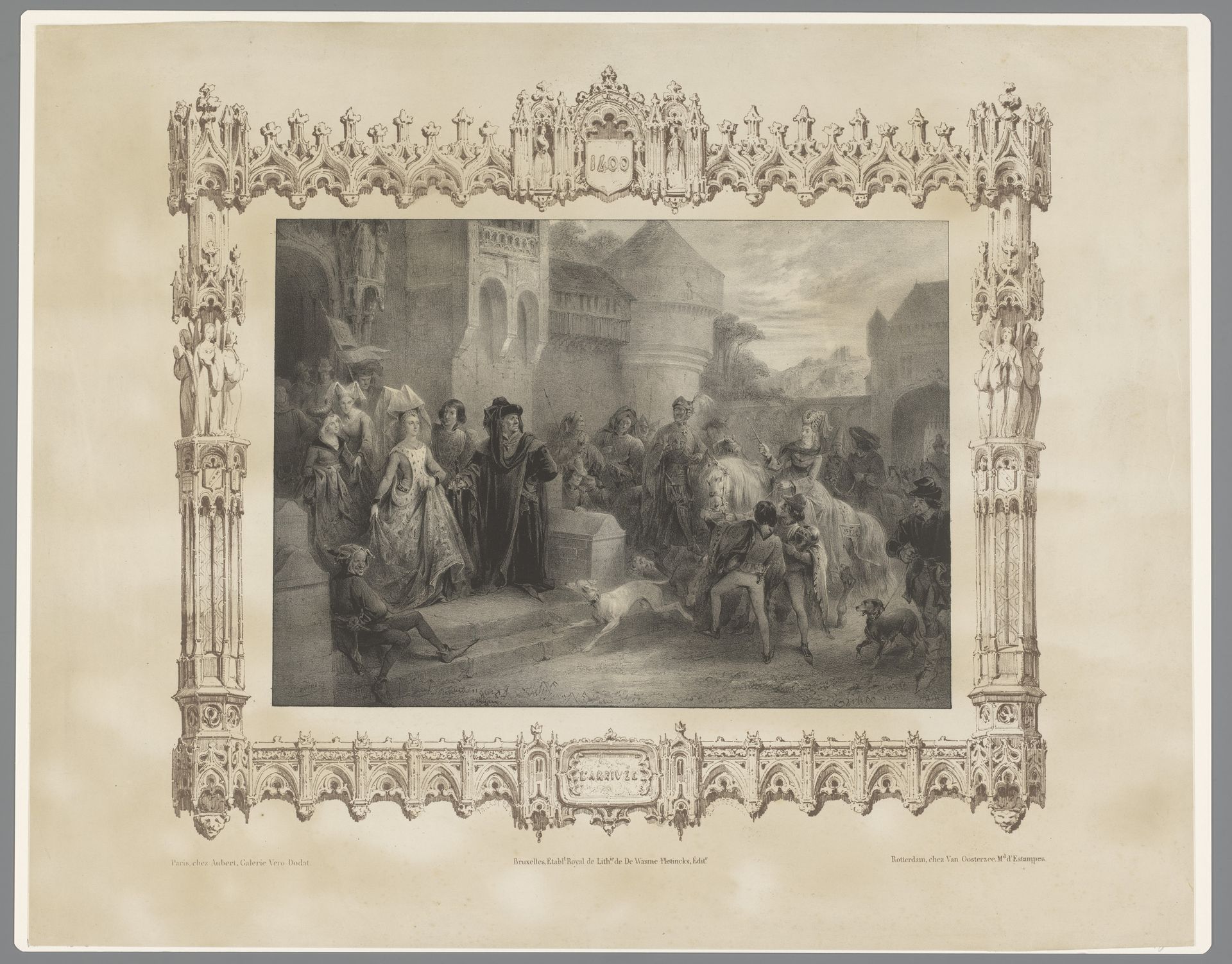Jonkvrouw met gevolg wordt ontvangen op een kasteel by Jean-Baptiste Madou