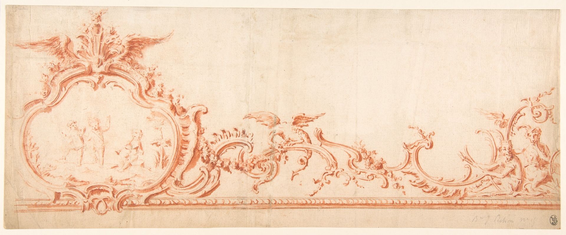 Ornament Drawing with Cartouche, Putti, and Monkeys by Gilles-Marie Oppenord