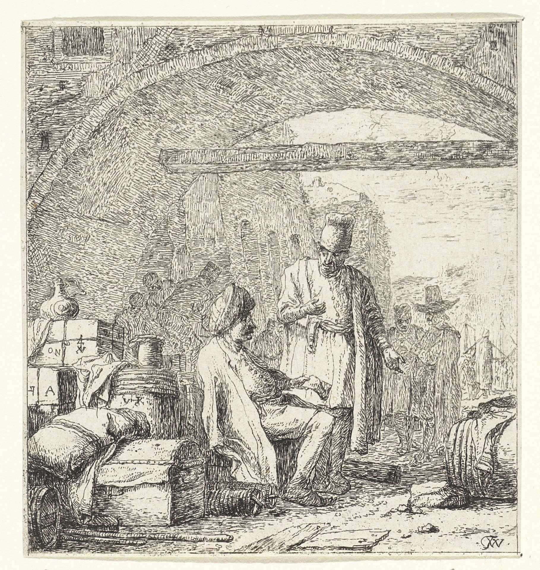 Twee koopmannen in een pakhuis by Thomas Wijck