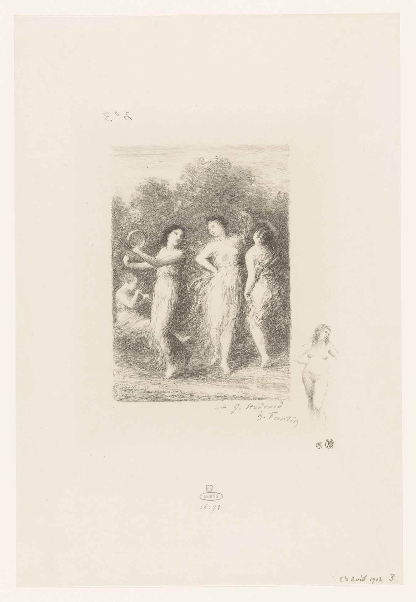 Vier jonge vrouwen dansen en maken muziek by Henri Fantin-Latour