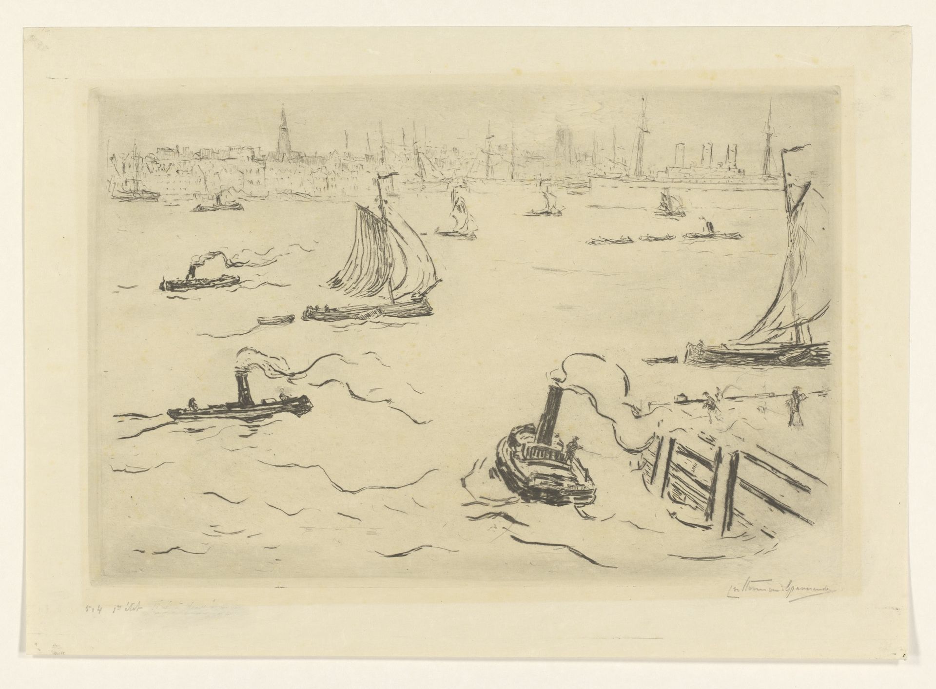 Rivier met schepen bij een stad by Carel Nicolaas Storm van 's-Gravesande