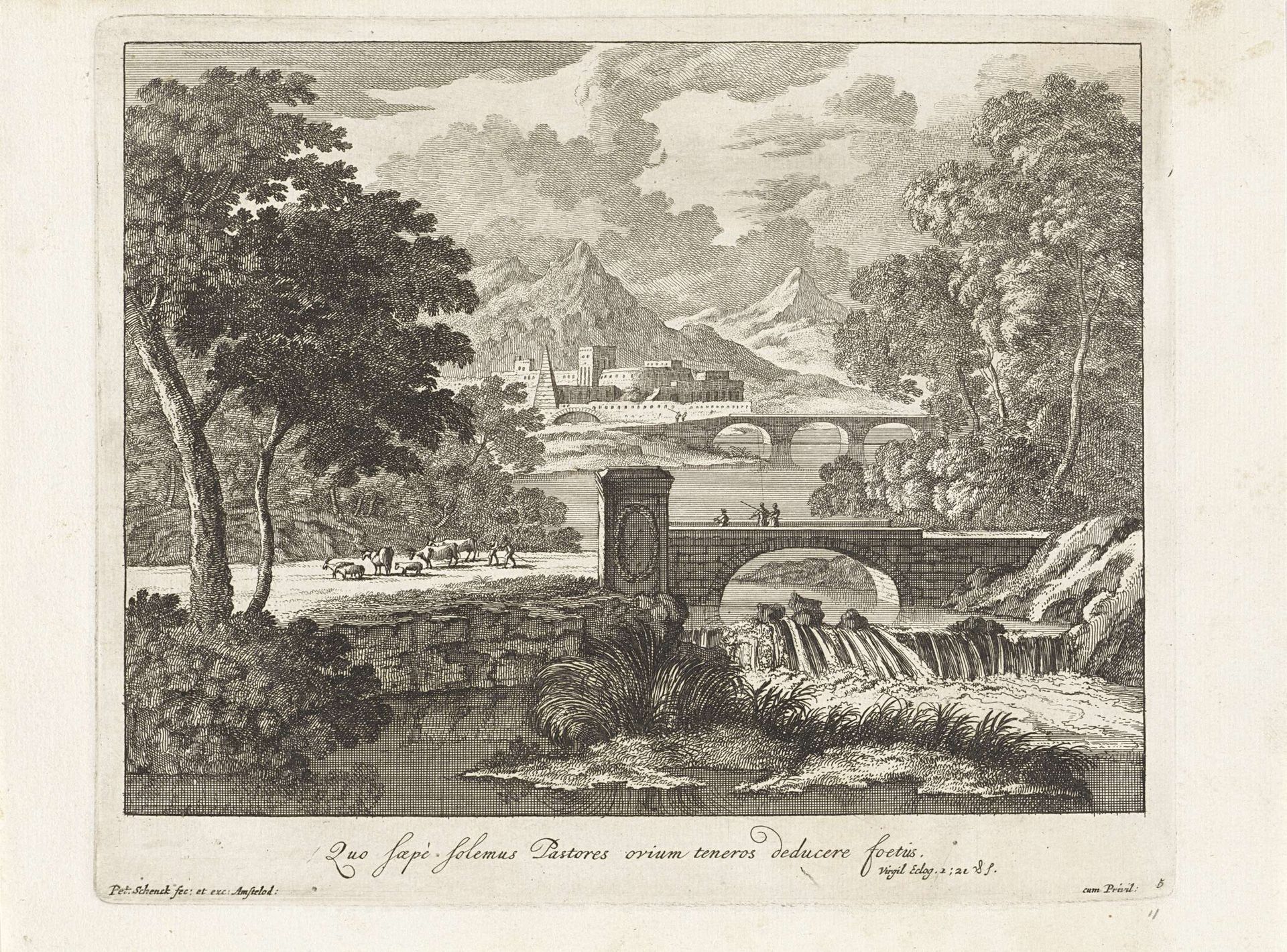 Landschap met brug over een stroom by Pieter Schenk
