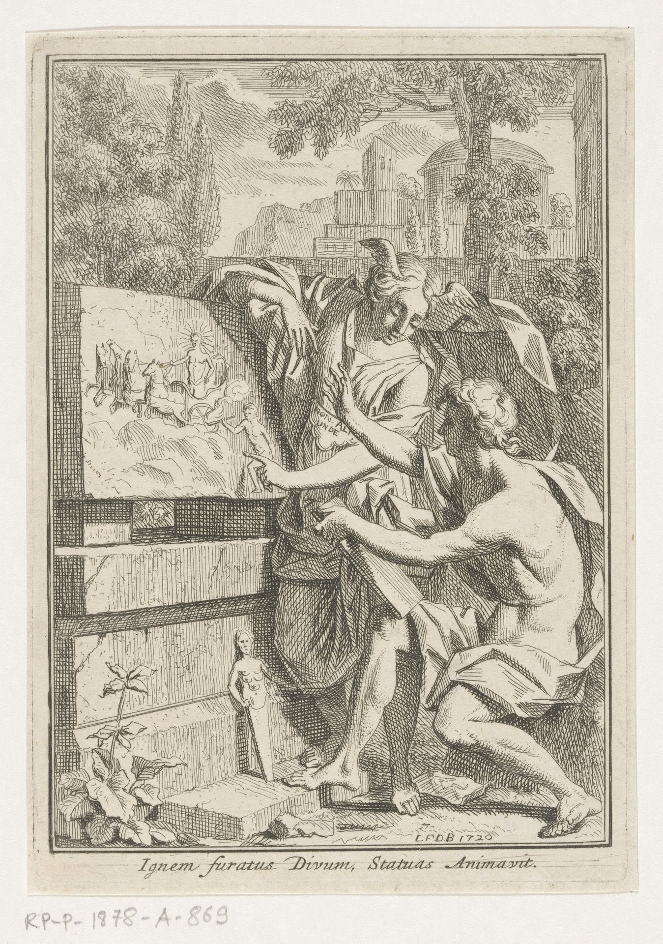 Vrouw met gevleugeld hoofd toont bas-reliëf aan jonge man by Louis Fabritius Dubourg