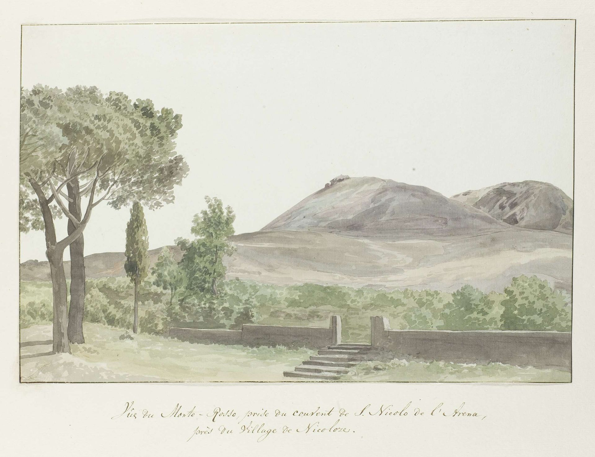 Gezicht op de Monto Rosso bij het klooster San Nicolo d'Arena dichtbij de plaats Nicolosi by Louis Ducros