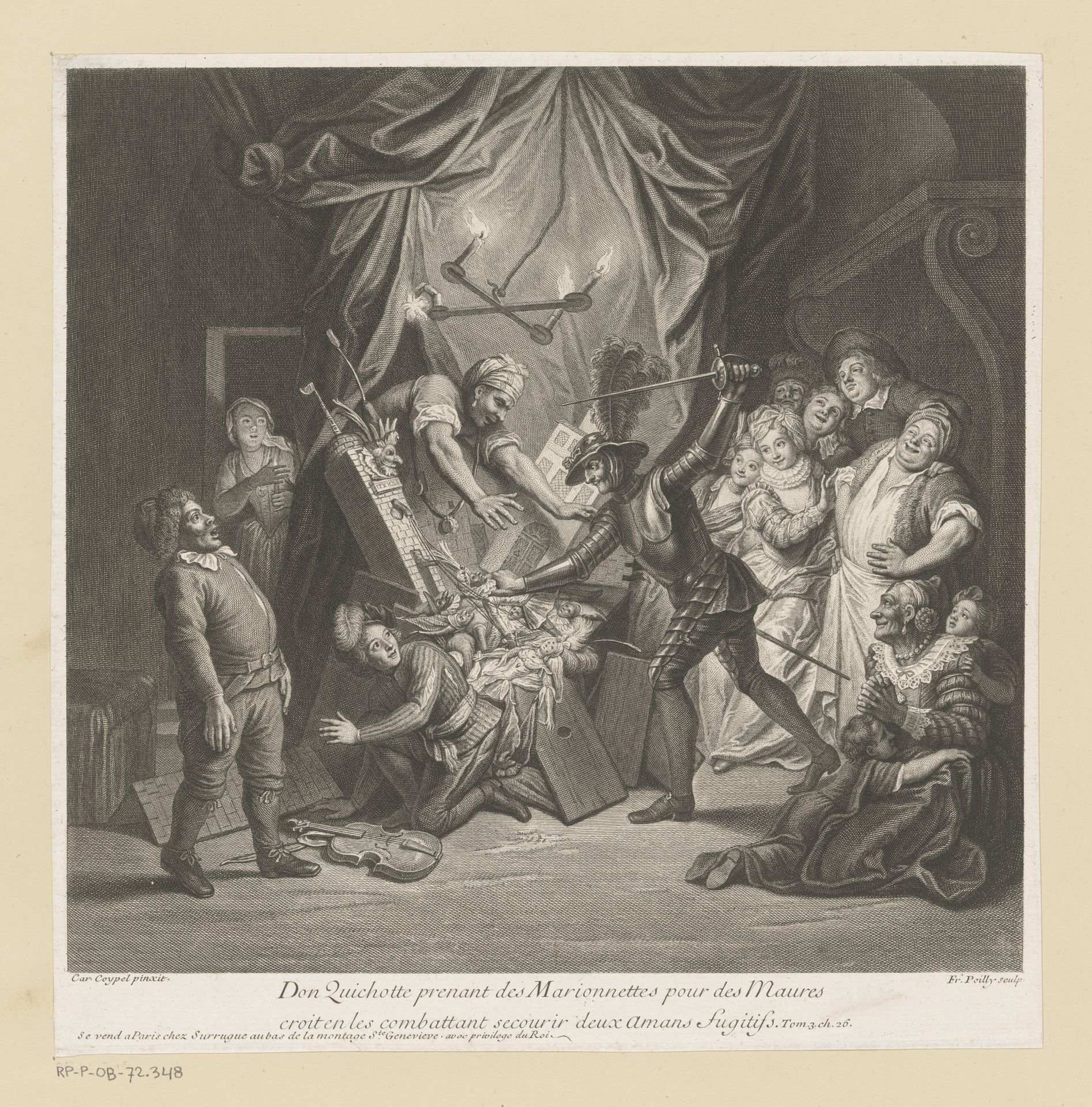 Don Quichot vernietigt een poppenkast met marionetten by François II de Poilly