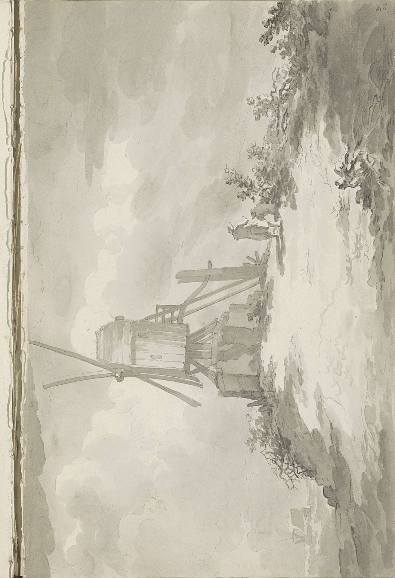 Molen op een heuvel aan een waterkant by Barend Hendrik Thier