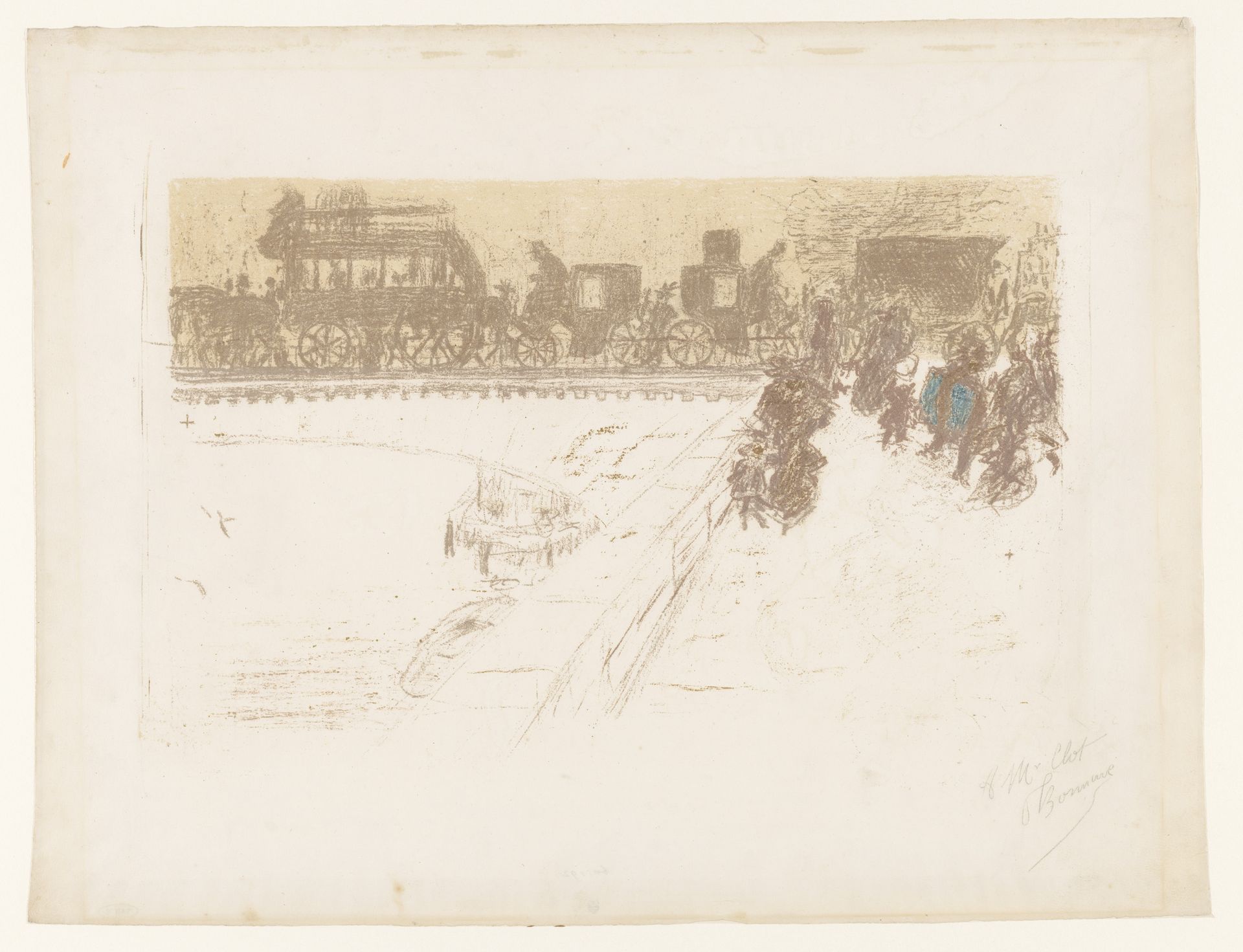 Zicht op koetsen en paardentrams op de Pont des Arts in Parijs by Pierre Bonnard