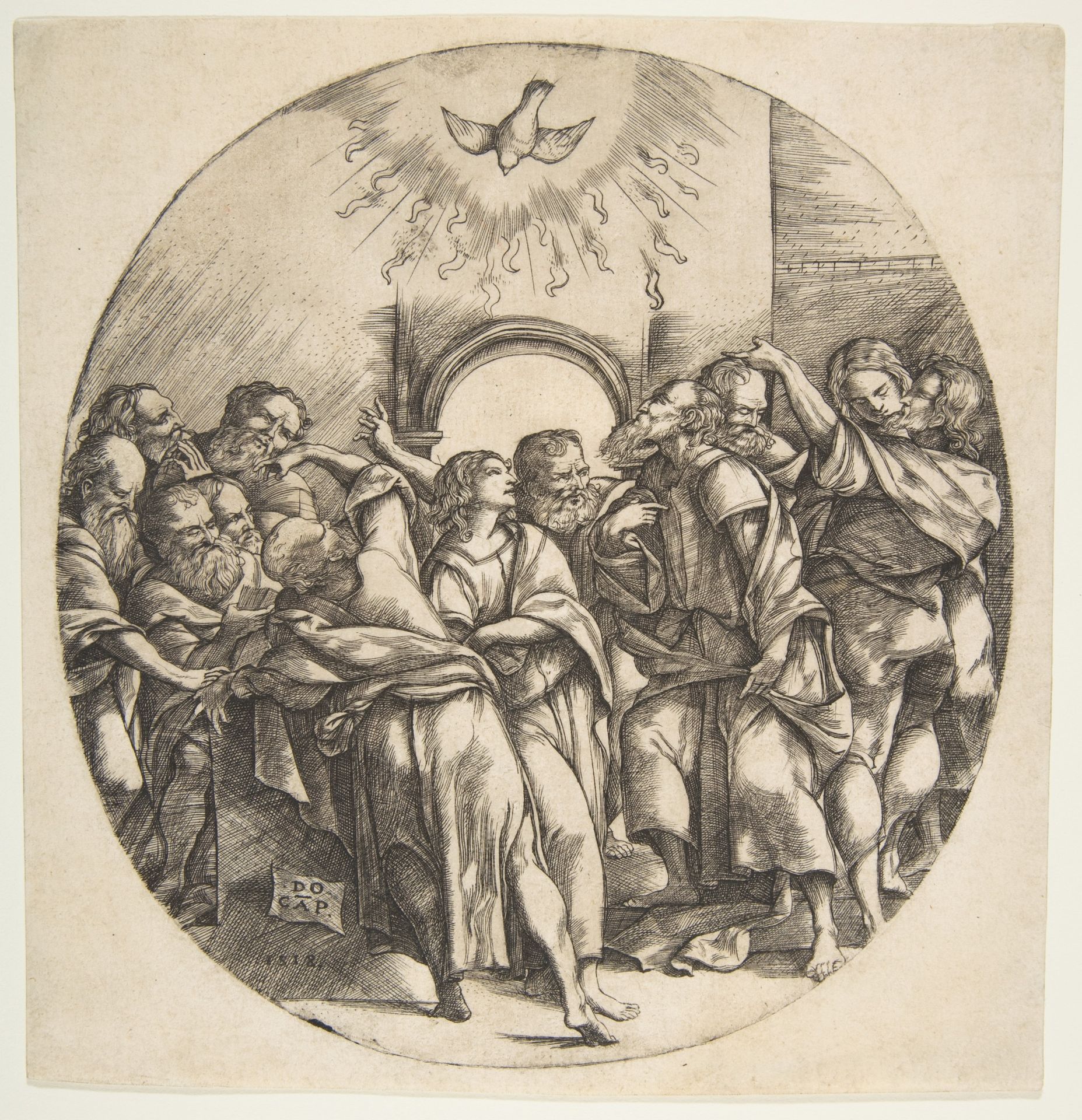 The Holy Spirit as a bird descending with spread wings at top center; the twelve Apostles standing below gesturing to it in front of an archway by Domenico Campagnola