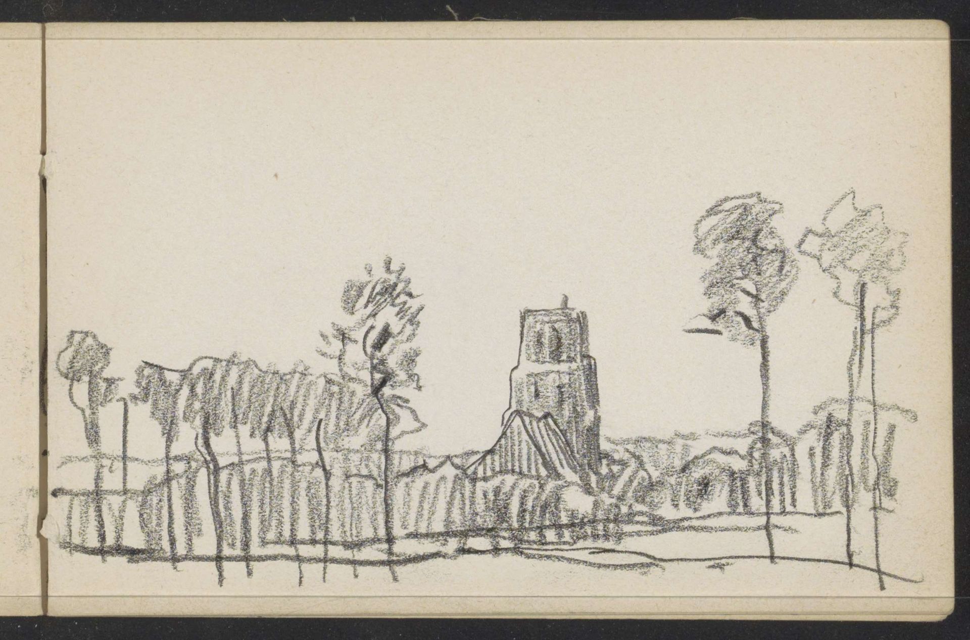 Landschap met kerk, mogelijk de Onze-Lieve-Vrouwekerk te Damme by Alexander Shilling