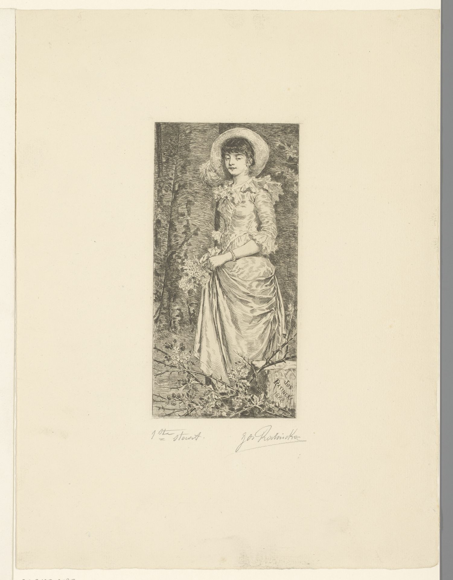 Jonge vrouw in een bos met bloemen in haar hand by Jos Ratinckx