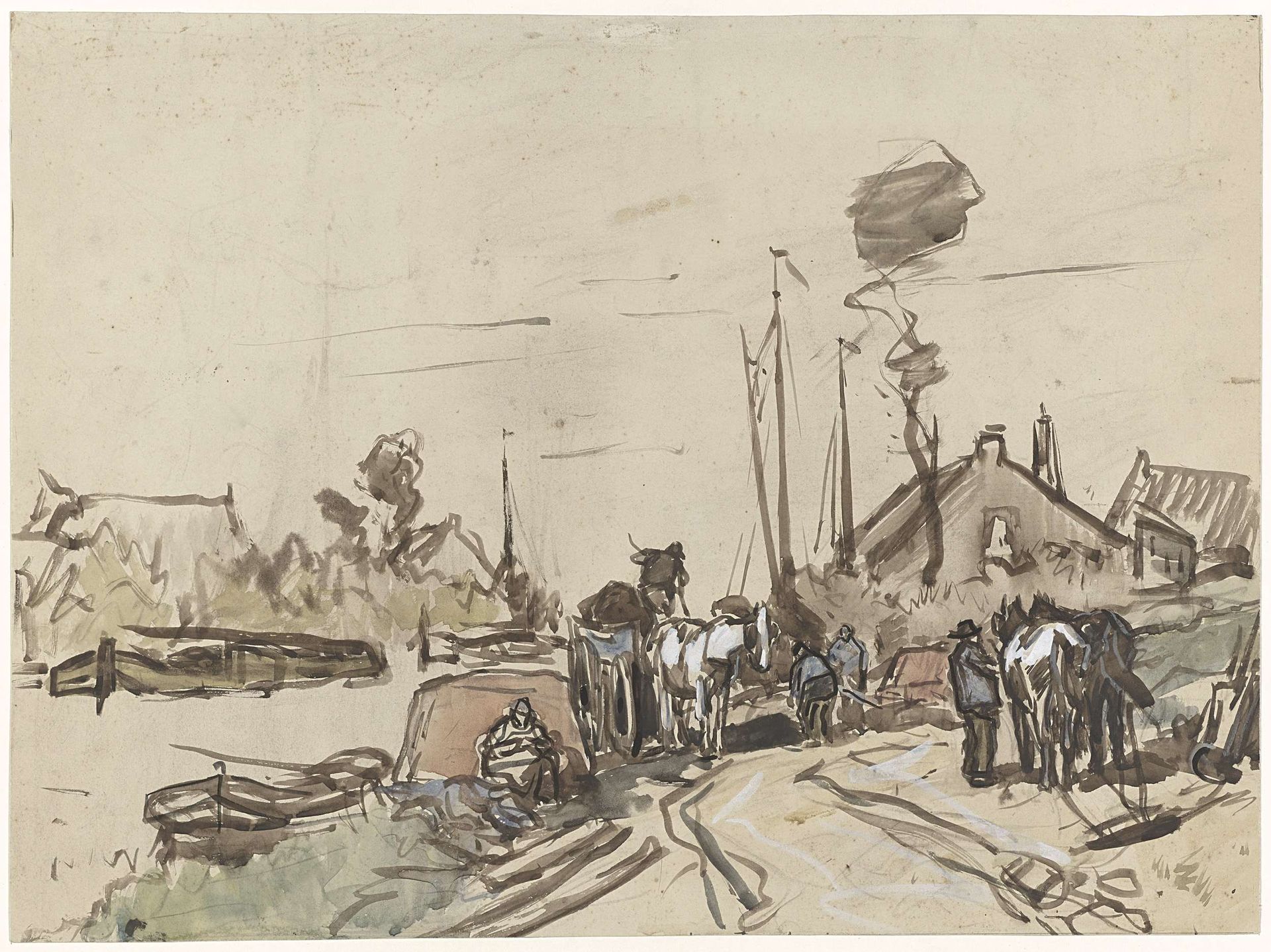Het lossen van karren bij een vaart by Jan van Essen