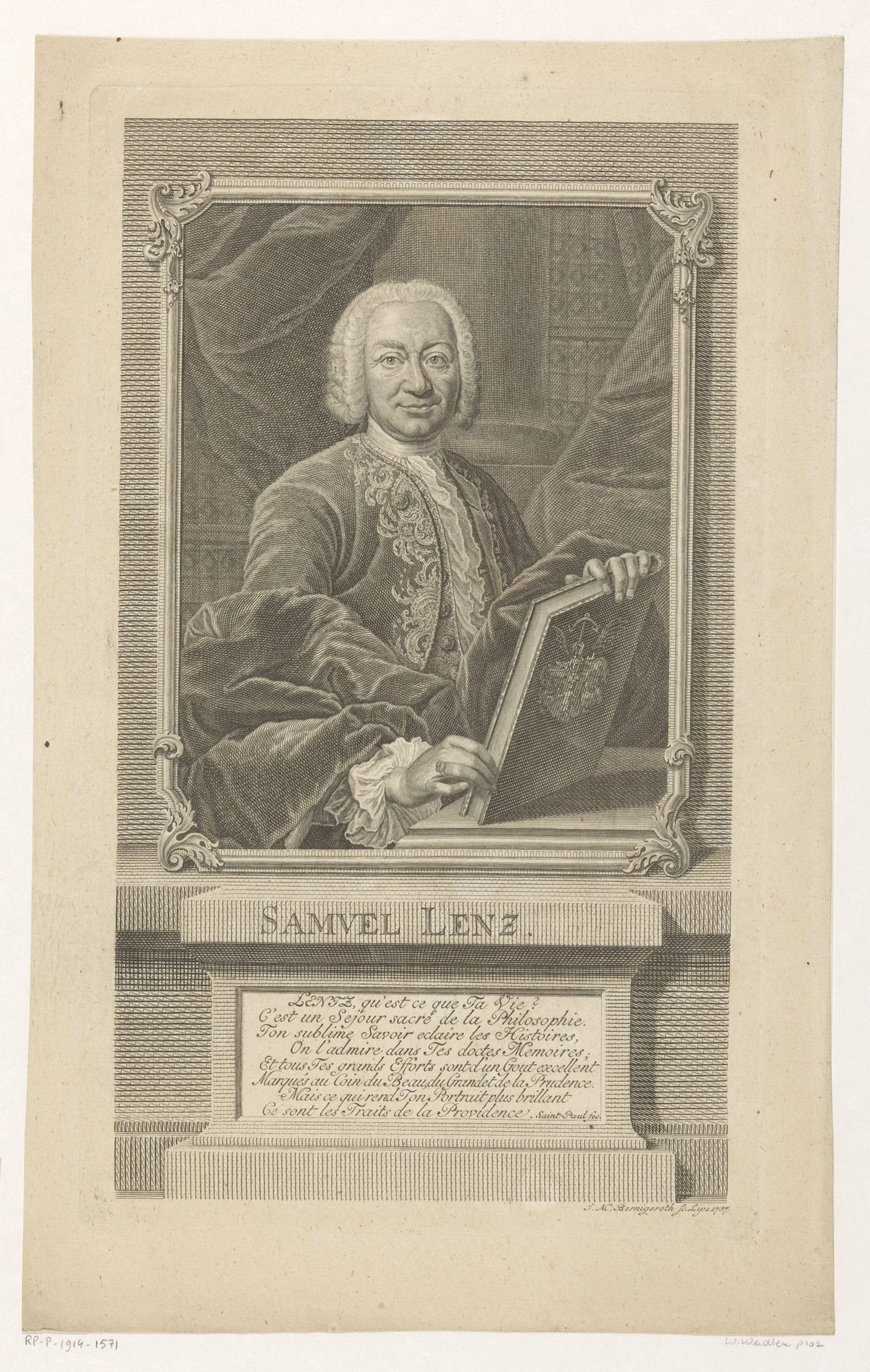 Portret van Samuel Lenz by Johann Martin Bernigeroth