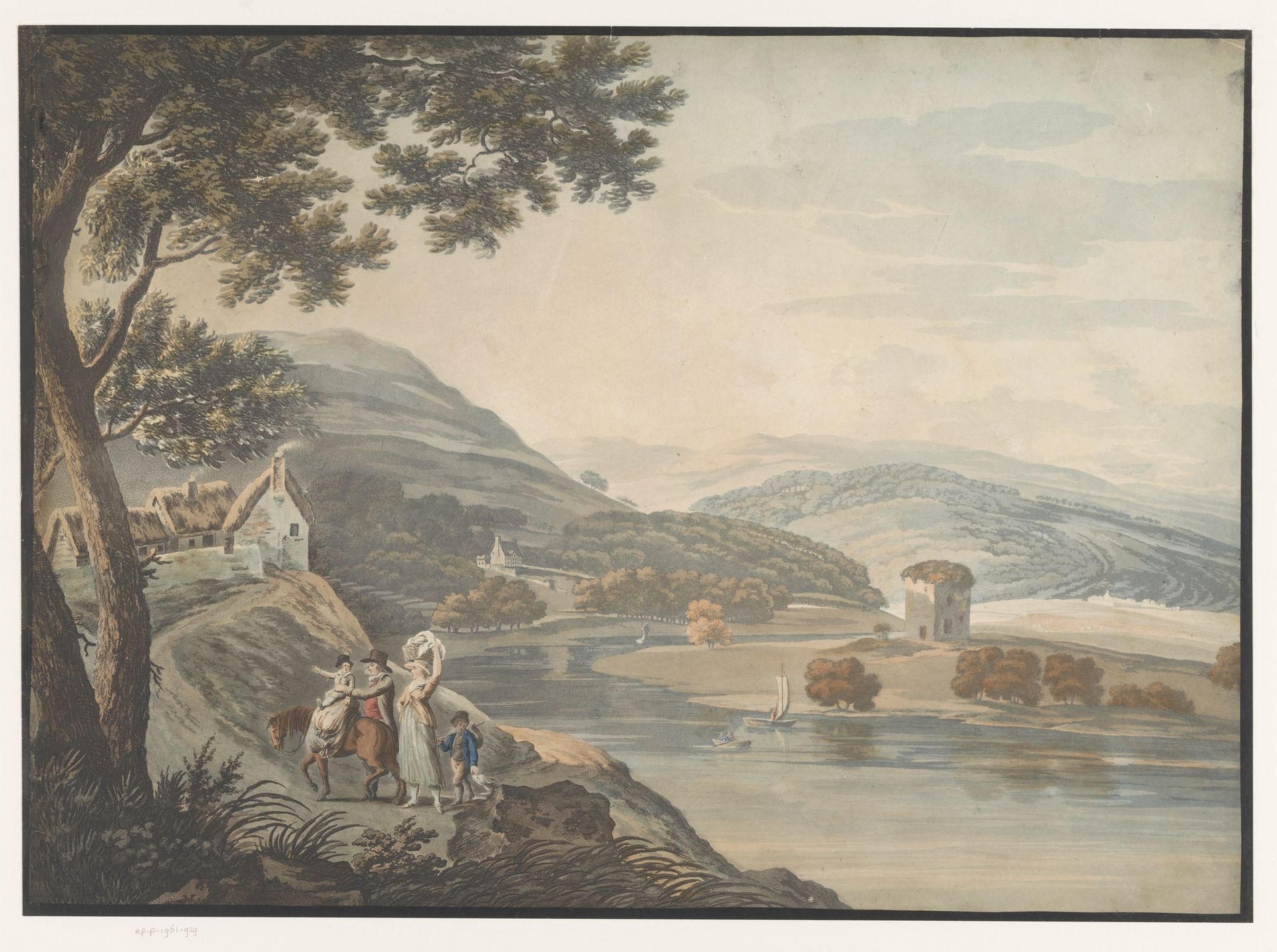 Heuvelachtig landschap met rivier en gezin met paard op een pad by Anonymous