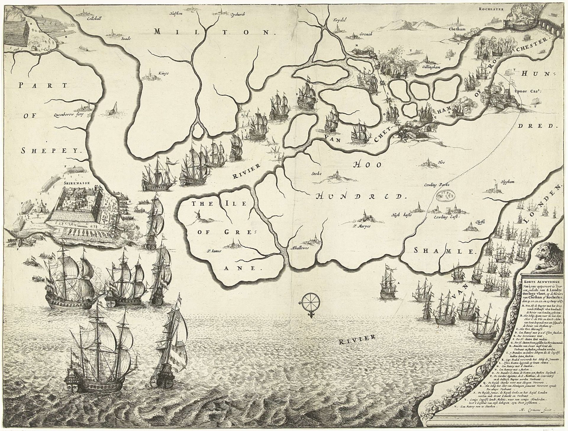 Kaart van monding van de Theems met de Tocht naar Chatham, 1667 by Michiel (II) Comans