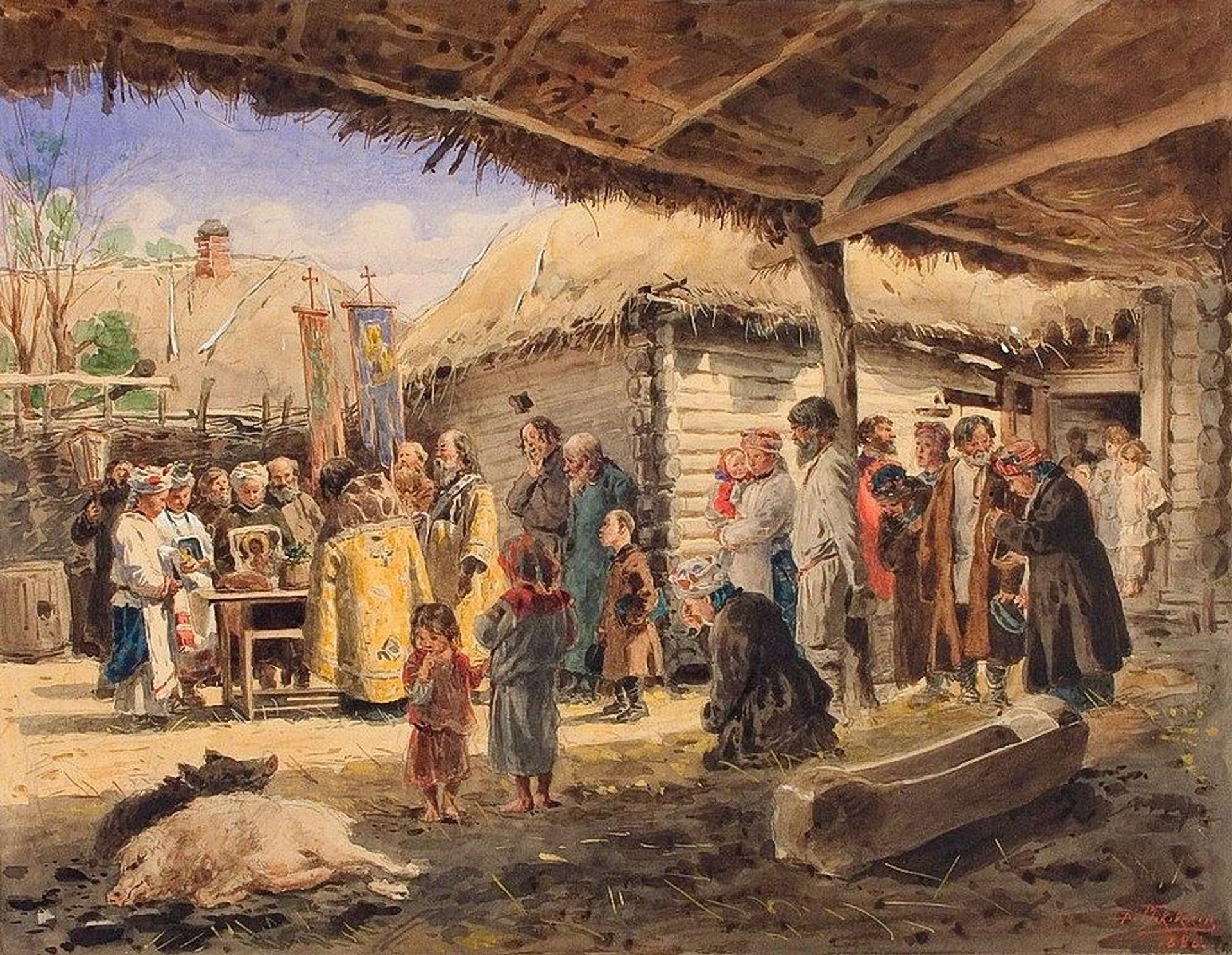 Prayer service at the farm in Ukraine. Sketch for the painting "Prayer at Easter" by Vladimir Makovsky