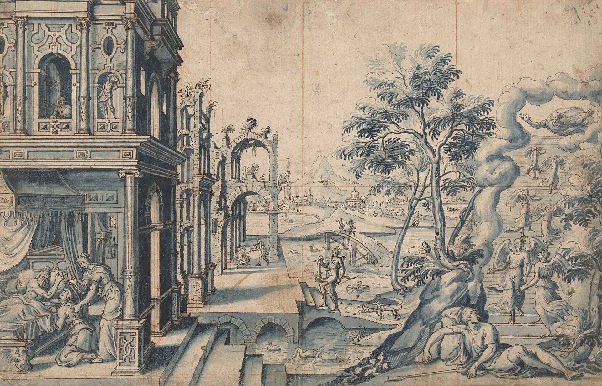 Jacob ontvangt de zegen van Izaäk; Jacobs ladder by Cornelis (II) Floris