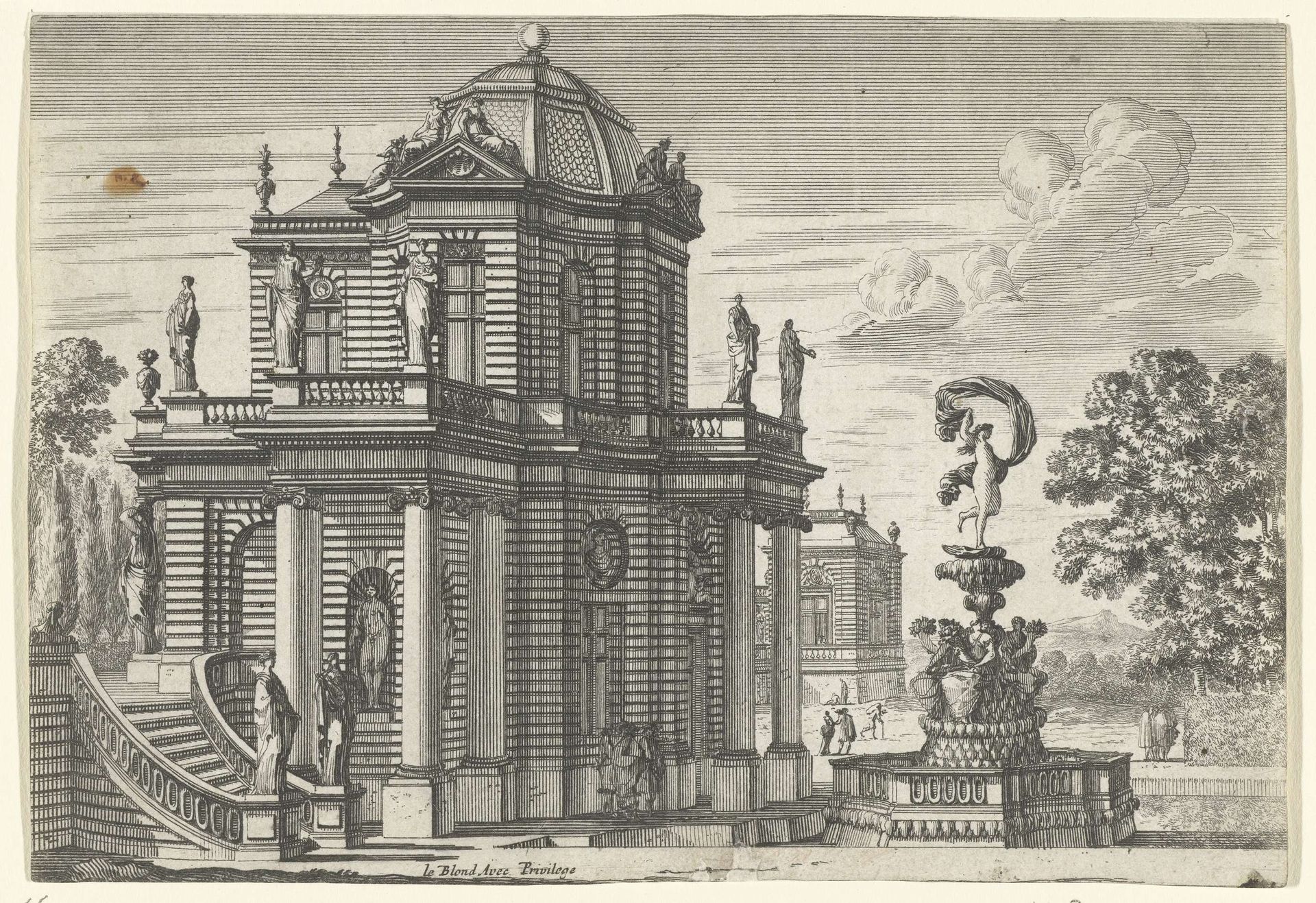 Tuinpaviljoen en fontein by Anonymous