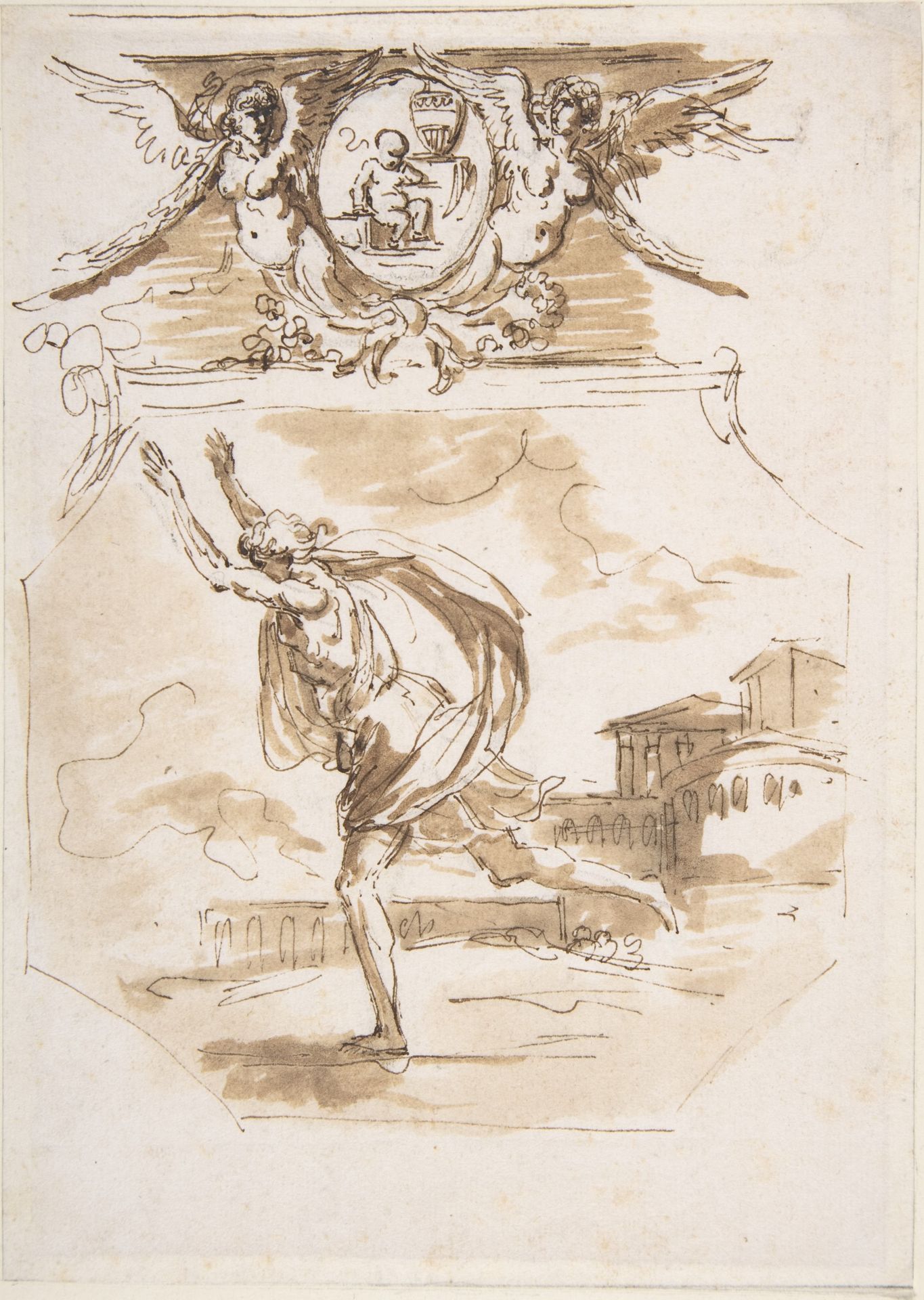 Draped Man Running; Cartouche Supported by Two Winged Victories by Etienne de Lavallée-Poussin