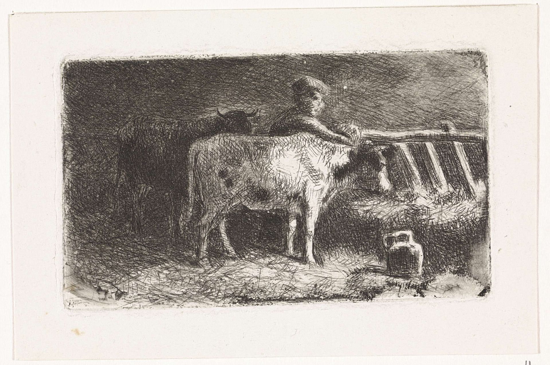 Boer tussen twee koeien bij een ruif in een stal (kleine variant) by Jan Vrolijk
