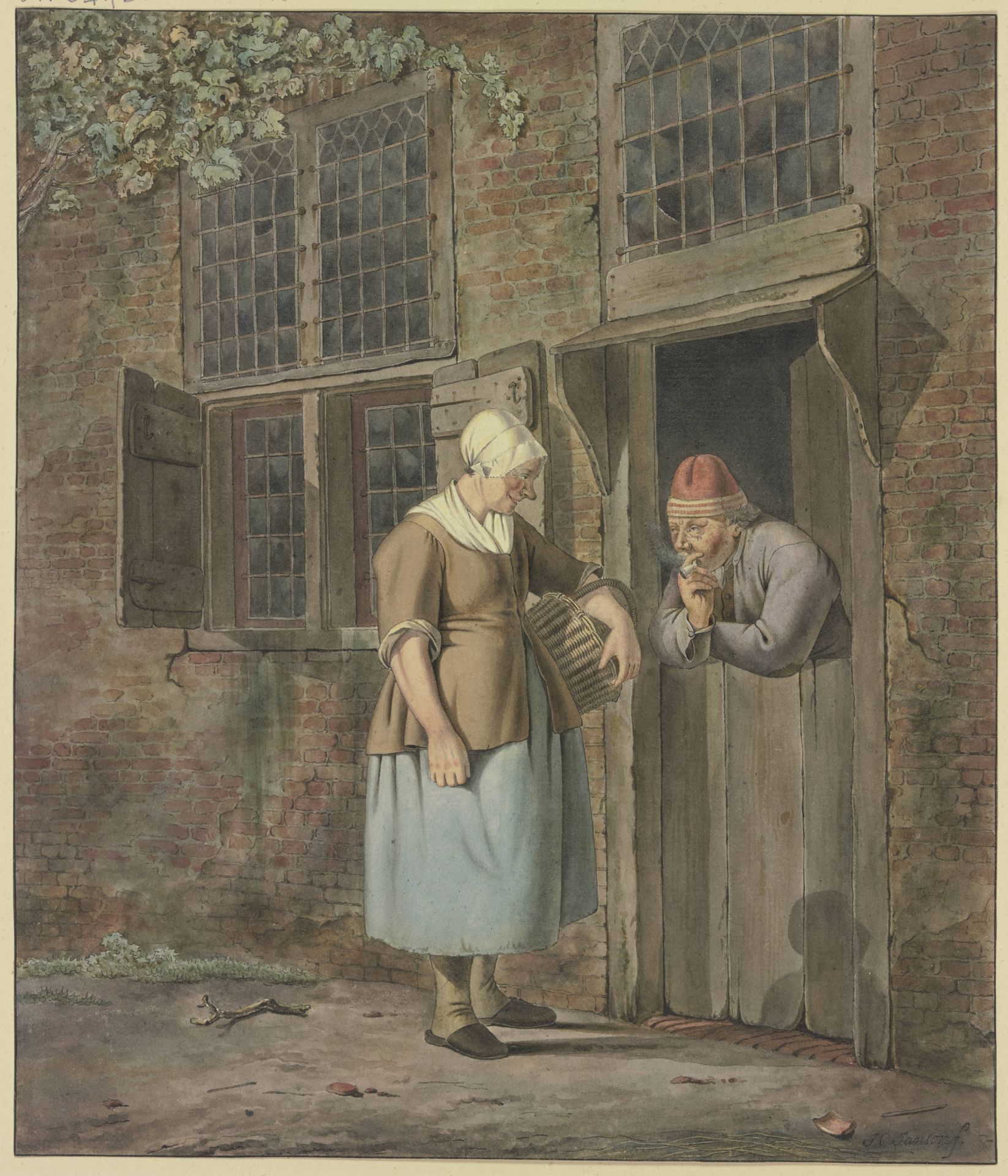 An einer Haustür spricht ein rauchender Mann mit einer Frau, die einen Korb trägt by Johannes Christiaan Janson