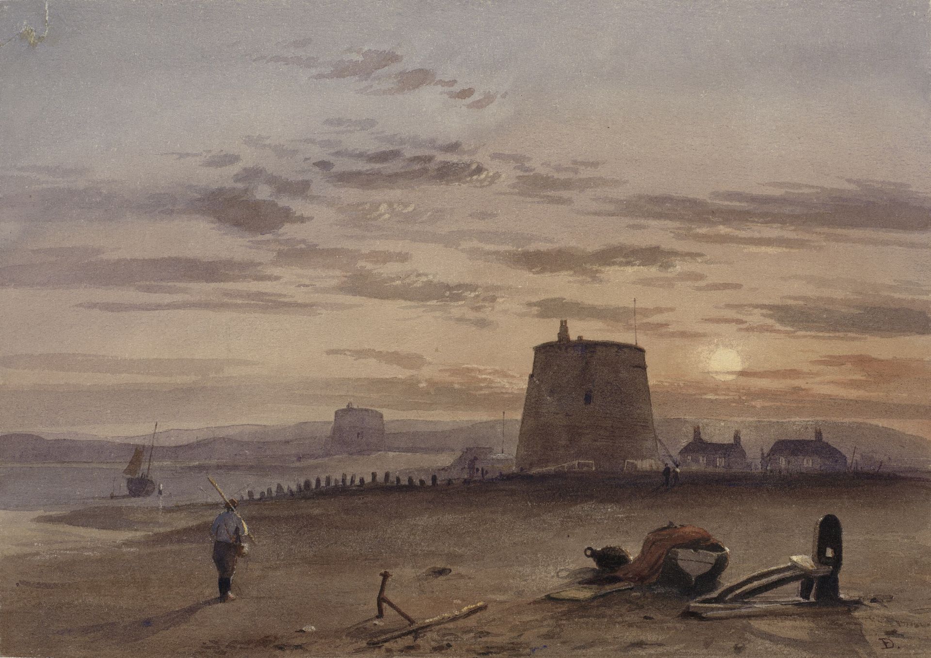 Martello Tower at St. Leonards against setting sun by Anonymous