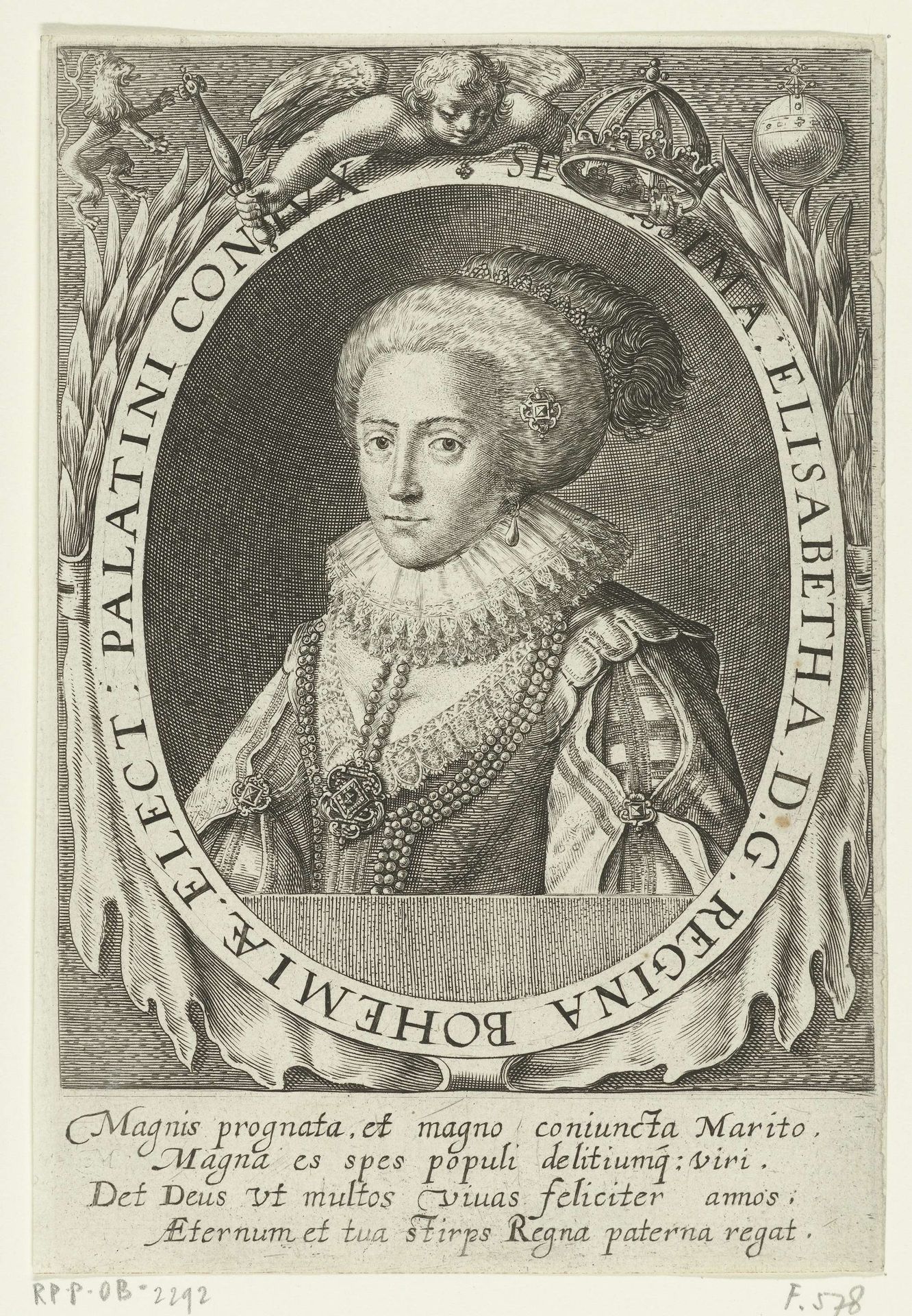 Portret van Elisabeth Stuart, keurvorstin van de Palts, koningin van Bohemen by Willem de Passe