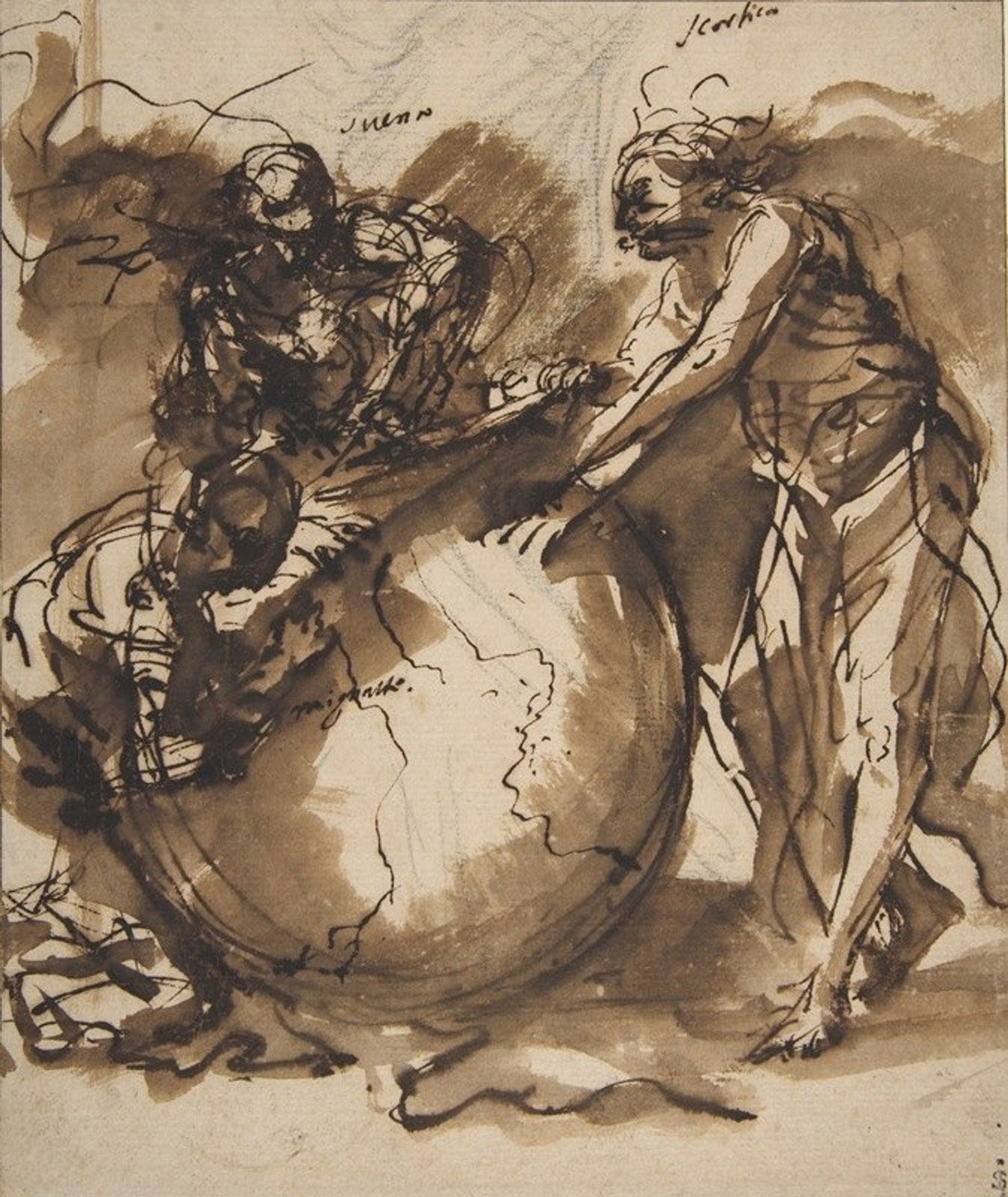 Three Figures around a globe by Salvator Rosa