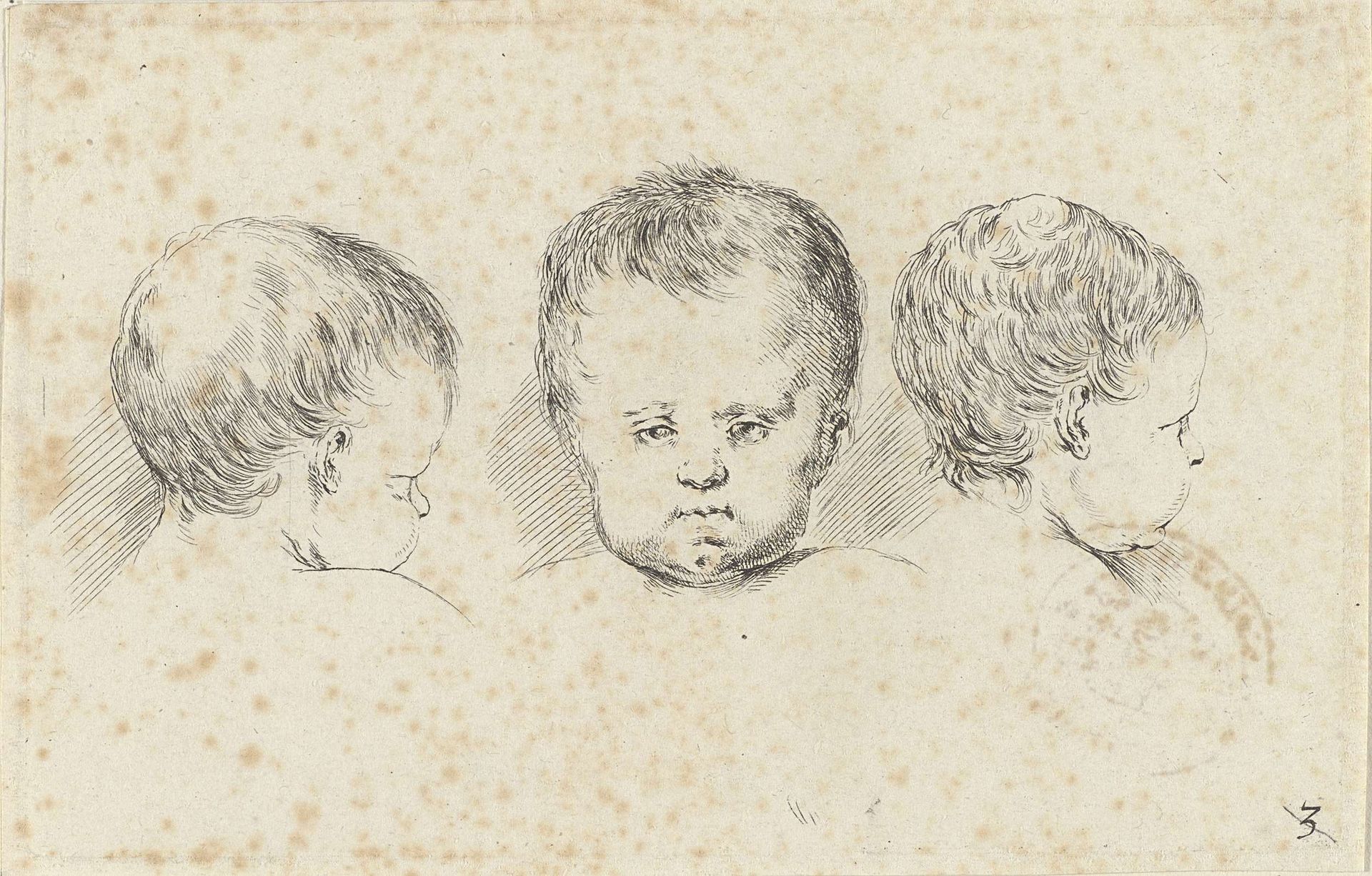 Drie hoofden van kinderen, twee in profiel naar rechts by Stefano della Bella