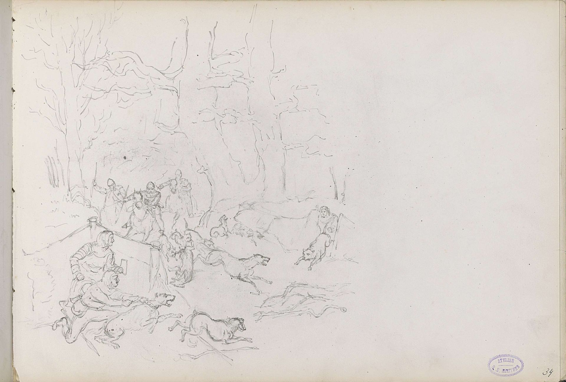 Jagers of soldaten met honden in een bos by George Hendrik Breitner