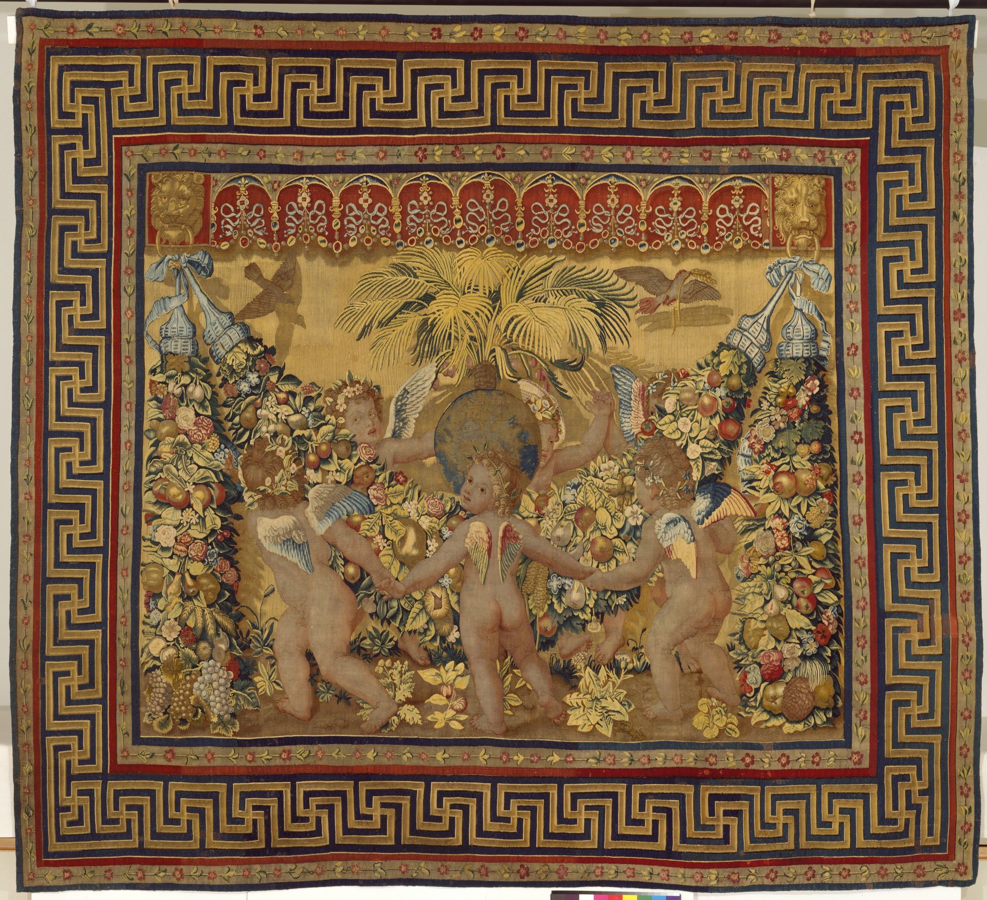 Six Putti Dancing Around a Globe and a Palm from a set of the Giochi di Putti by Giovanni da Udine (Giovanni dei Ricamatori)