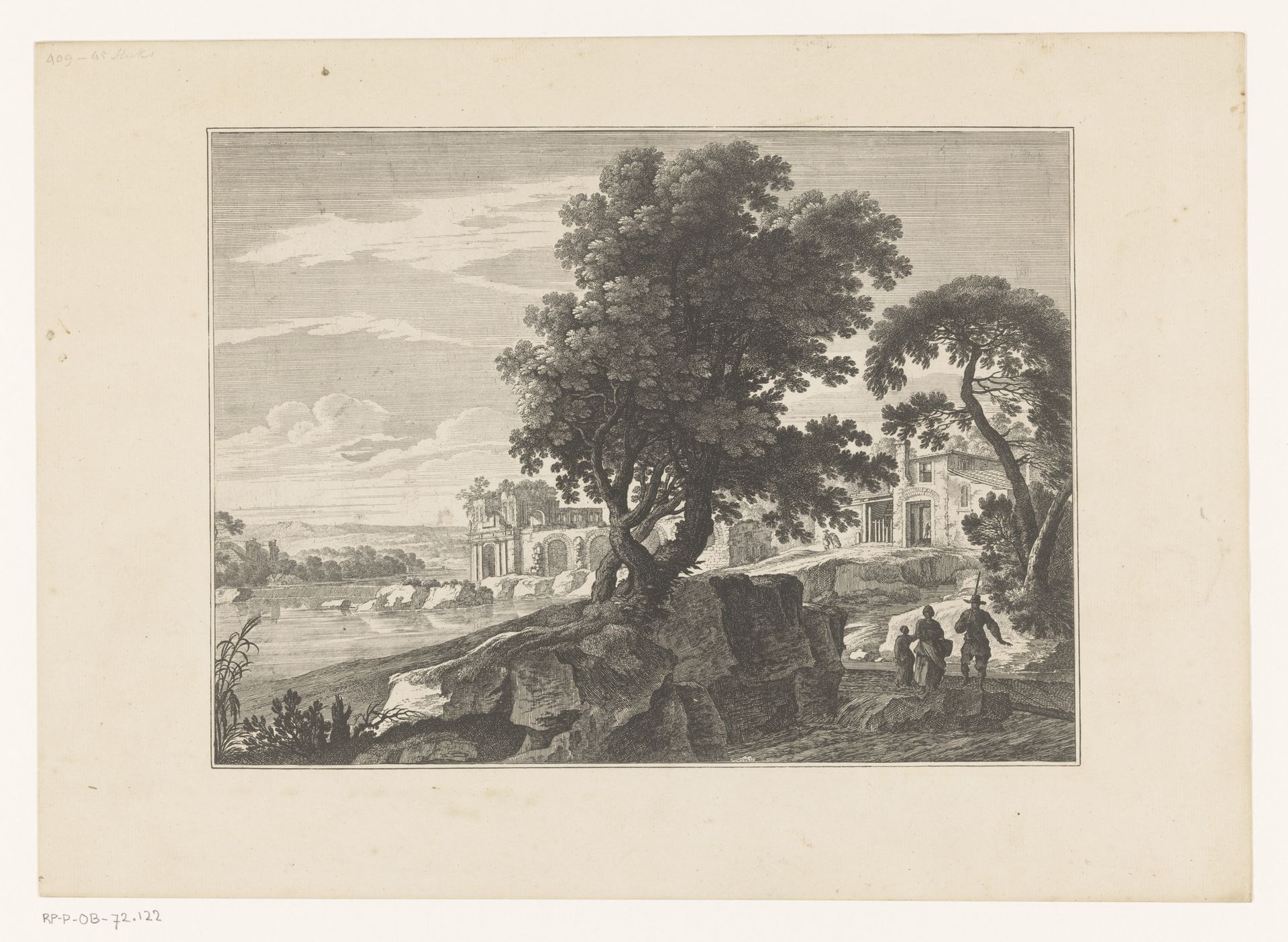 Landschap met ruïnes aan een rivier by Nicolas Perelle