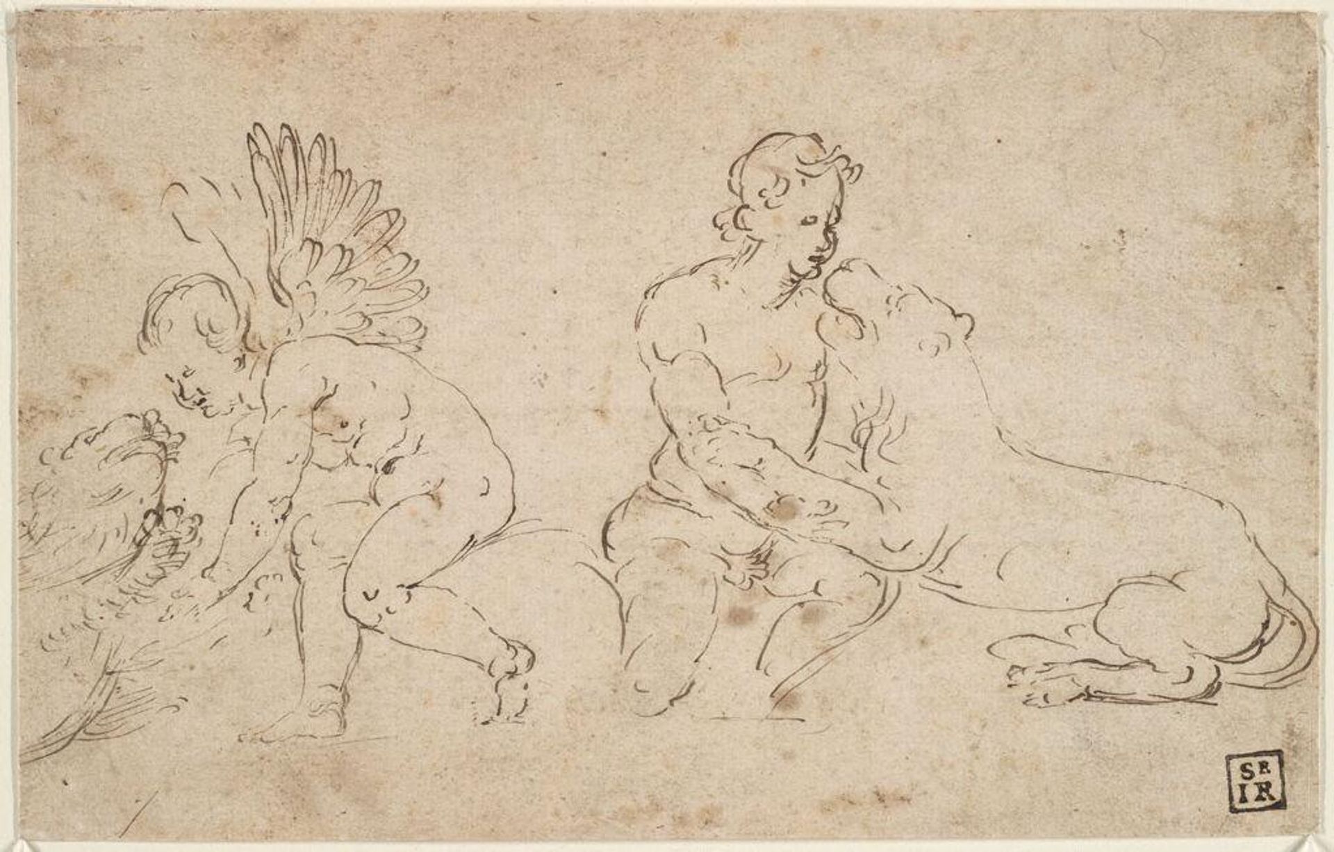 A Putto and Seated Nude Youth Playing with Lions by School of Perino del Vaga