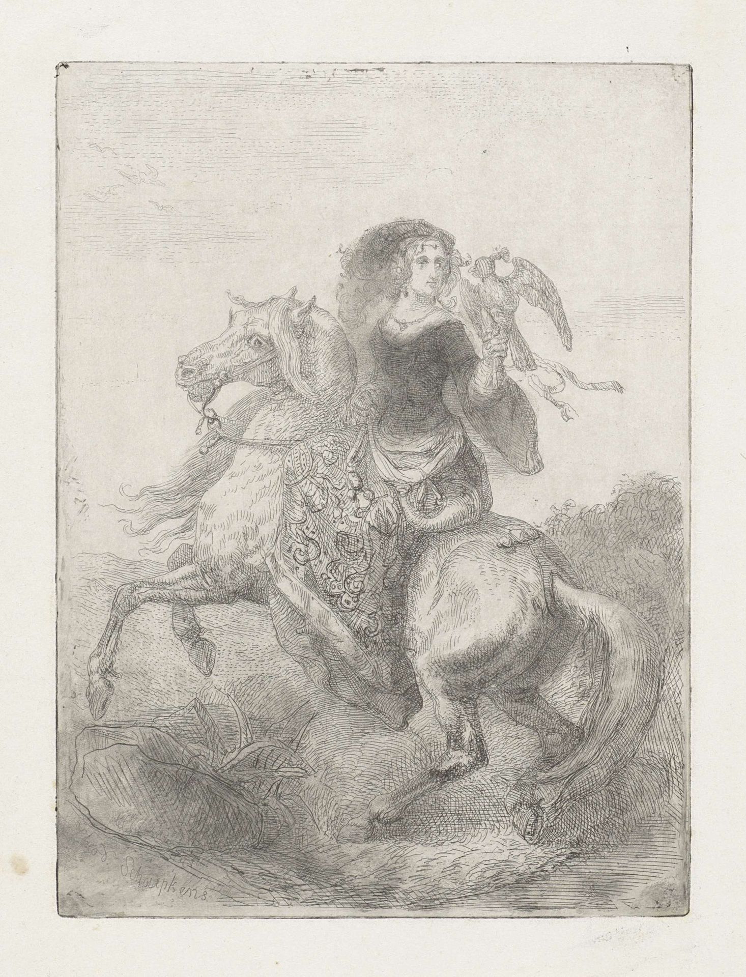 Dame te paard met valk op de hand by Theodoor Schaepkens