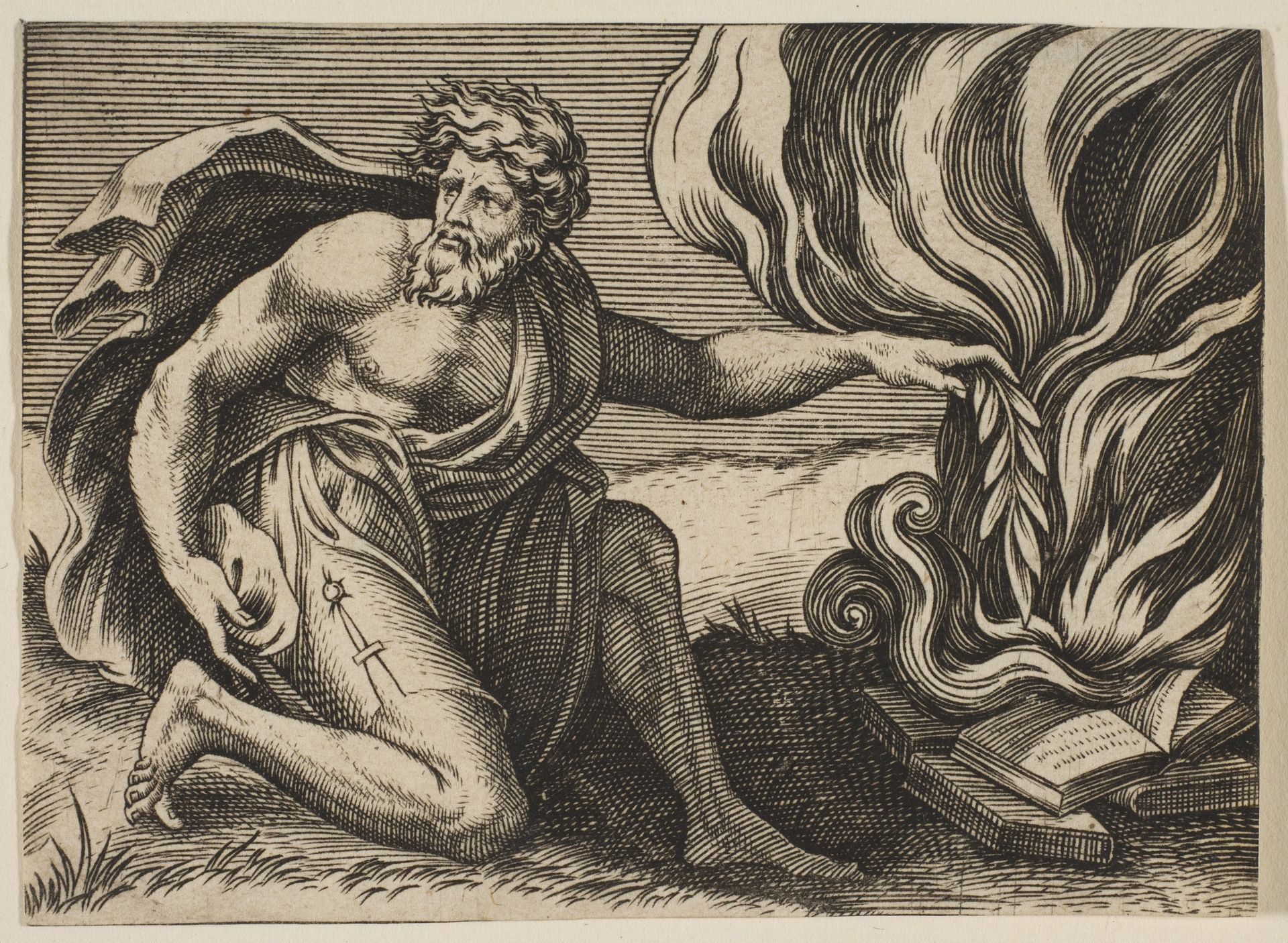 A man kneeling and placing a laurel branch upon a pile of burning books by Marco Dente