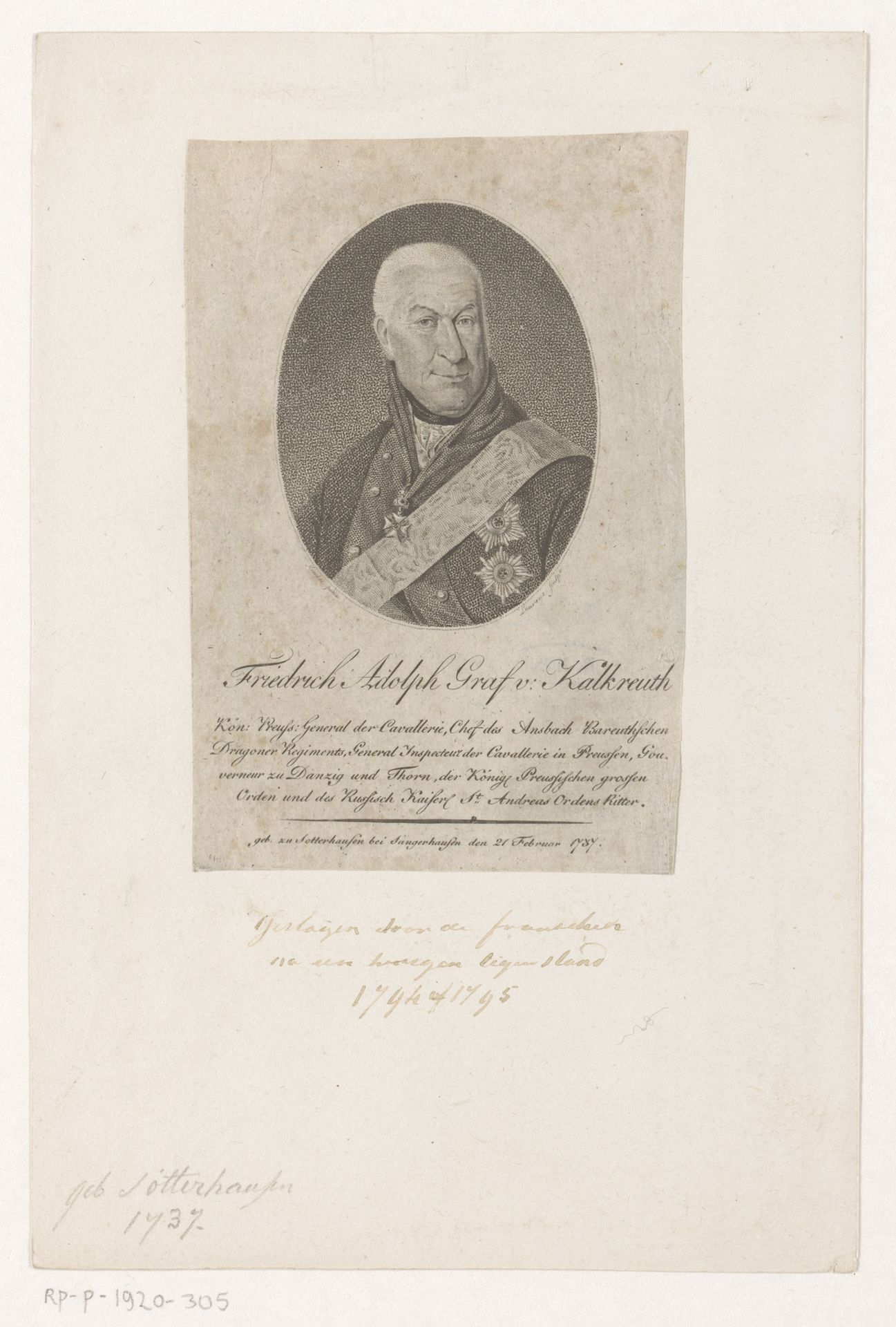 Portret van Friedrich Adolf von Kalckreuth by Johann Daniel (II) Laurenz