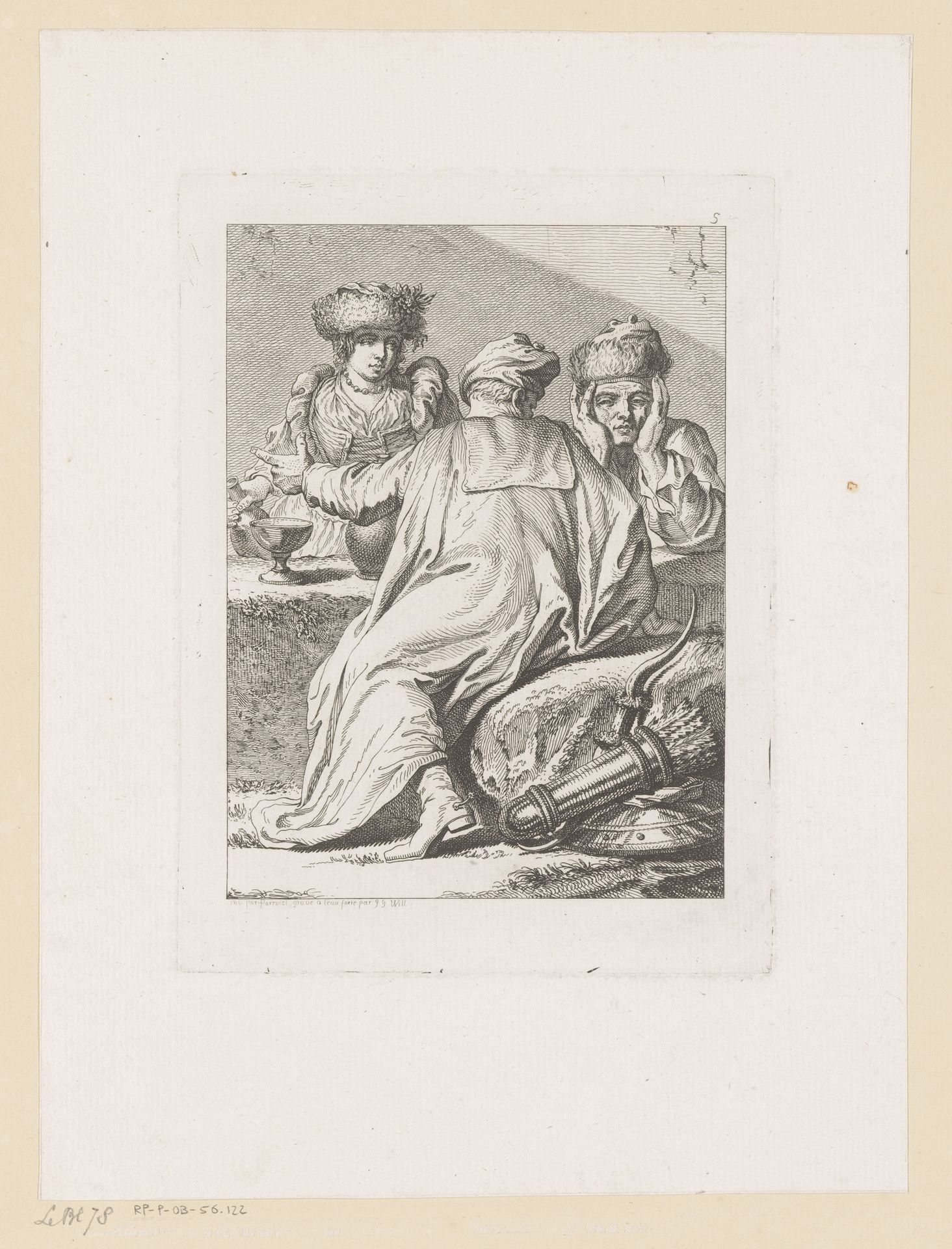 Twee mannen in gesprek en een vrouw by Johann Georg Wille