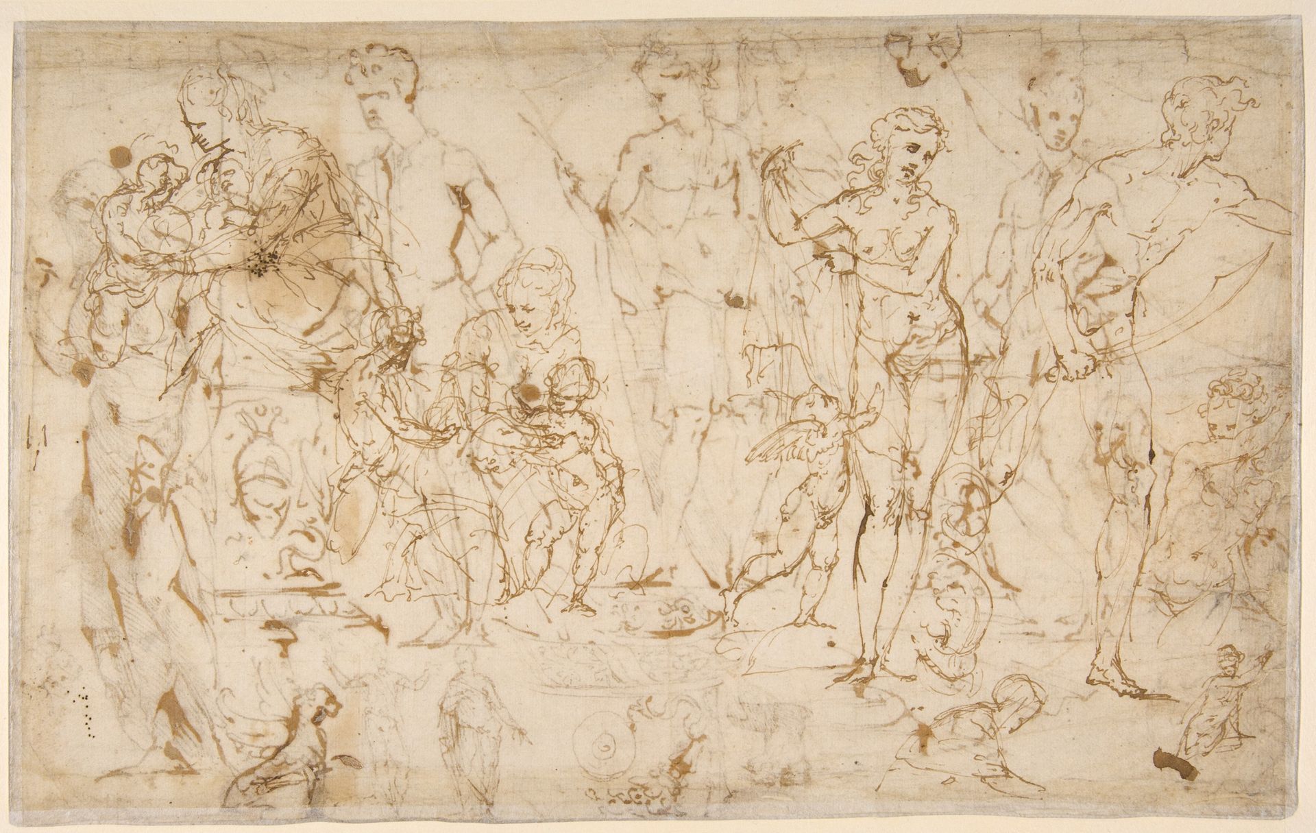 Sheet of Figure Studies and Ornamental Motifs (recto and verso). by Vincenzo Tamagni