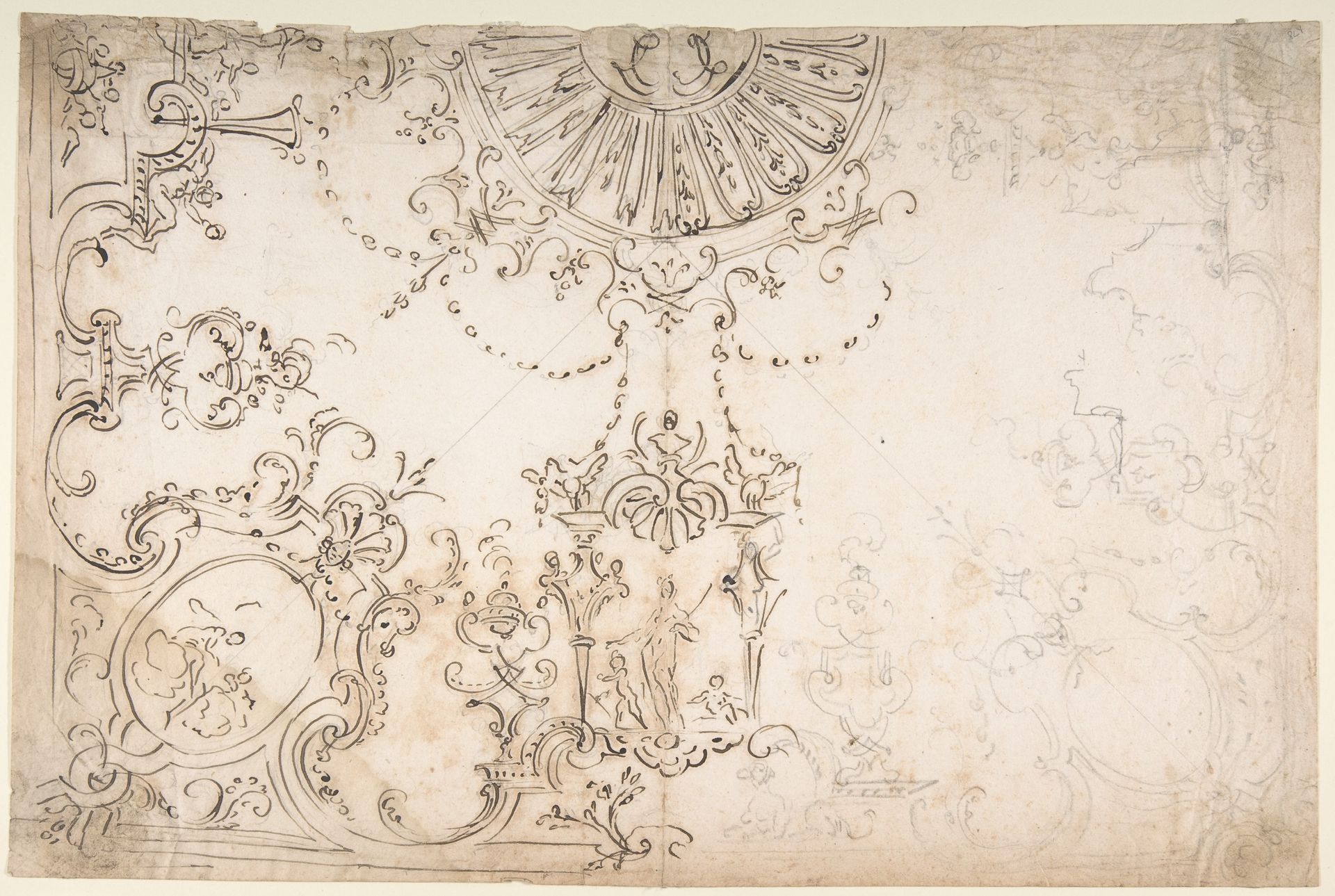 Design for One Half of a Ceiling with Elaborate Medaillons and Figures. by Donato Giuseppe Frisoni