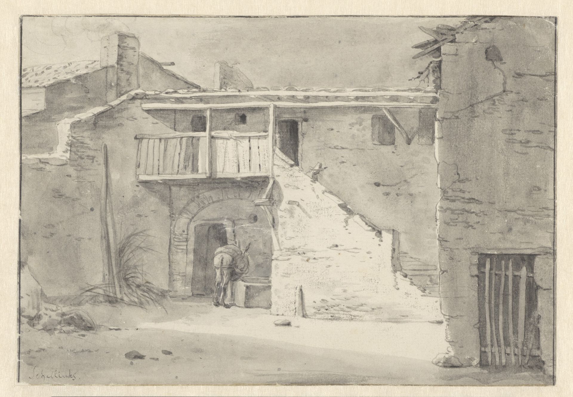 Huis met een ezel bij een drinkbak by Willem Schellinks