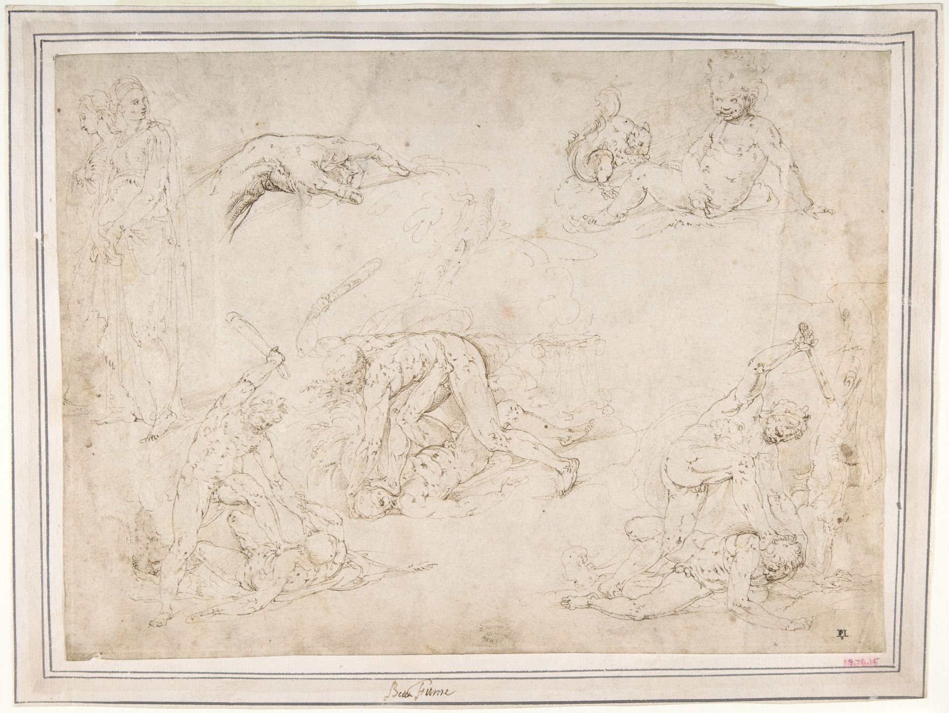 Figure Studies: Three Sketches of Cain Killing Abel, with an Altar of Sacrifice at Center, Two Standing Women, a Hand, and a Seated Child with a Squirrel by Battista Franco