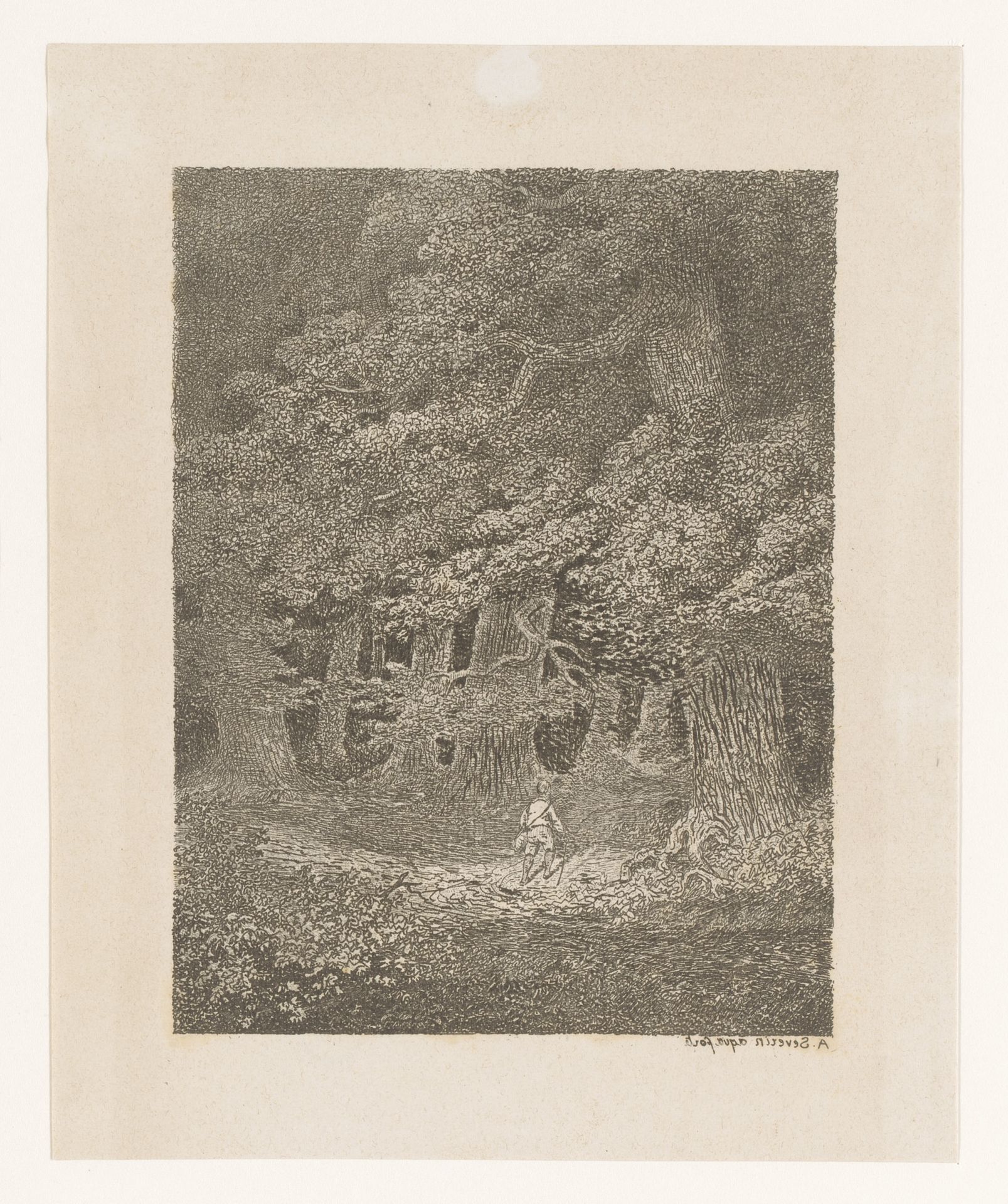 Jager met weitas in donker bos by Antoine Severin