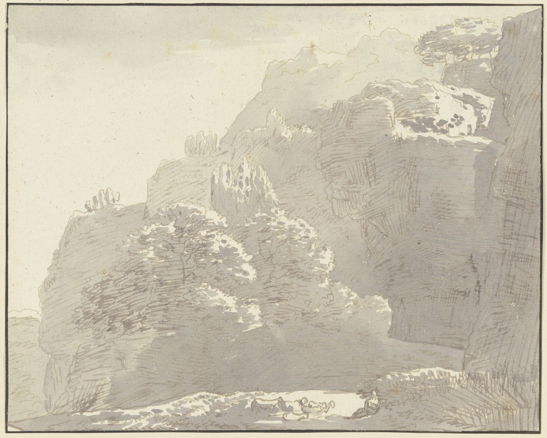 Hohe Felspartie, im Vordergrund Hirte und Herde by Franz Kobell