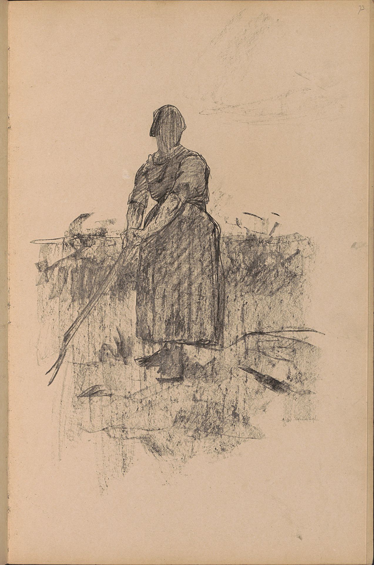 Boerin op het land, mogelijk met een riek by Willem Witsen